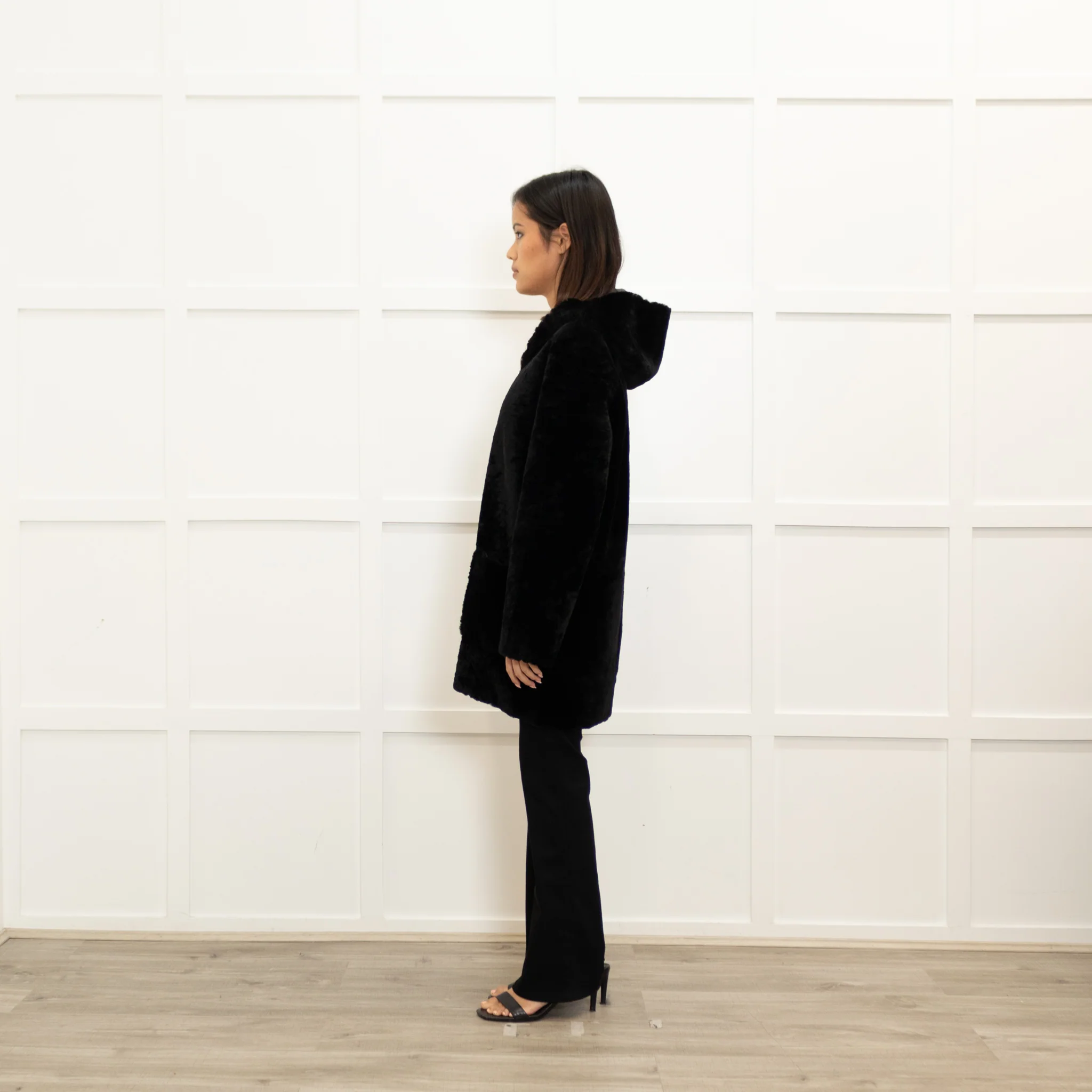 Sandro Black Reversible Soft Shearling Hooded Coat - Image 7