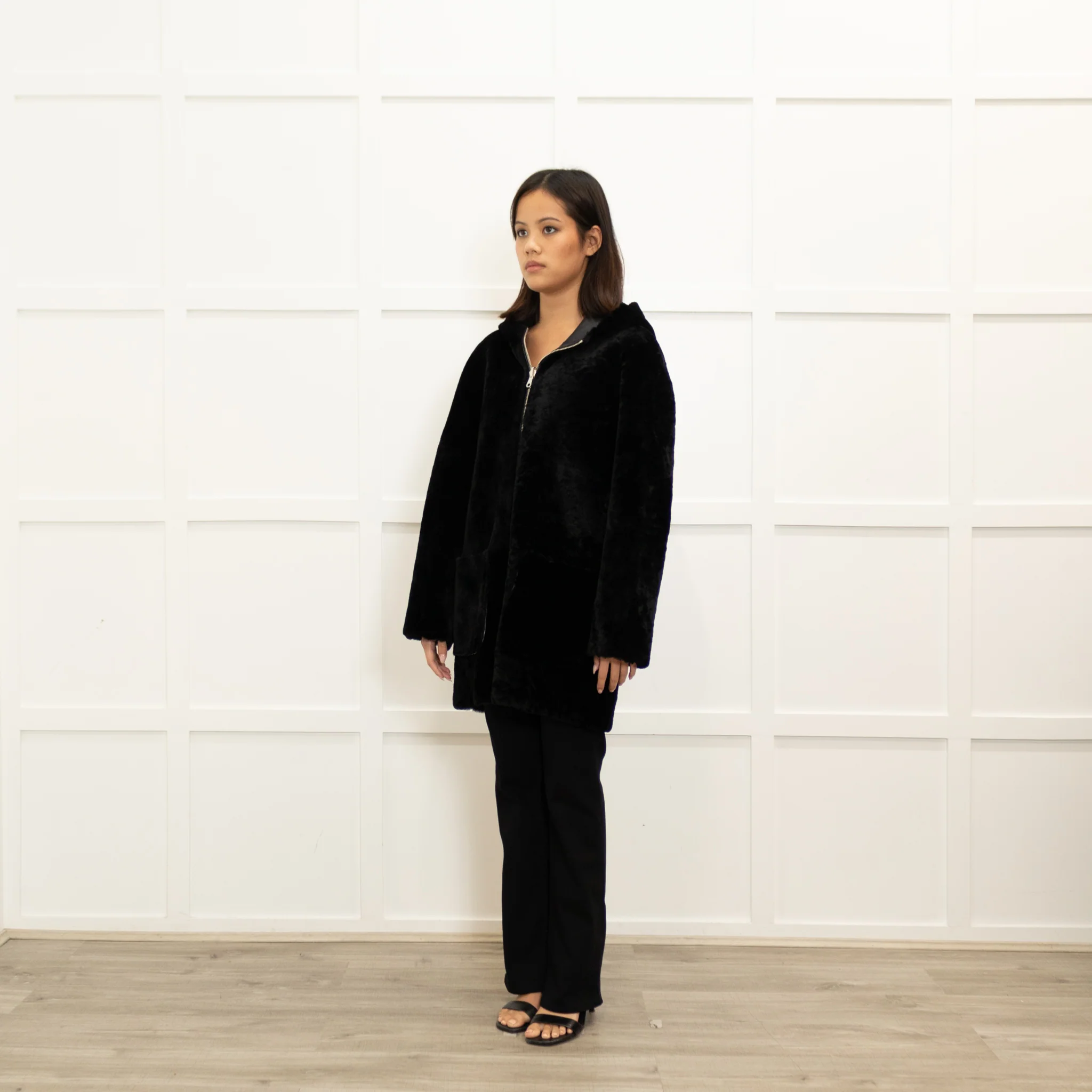 Sandro Black Reversible Soft Shearling Hooded Coat - Image 8
