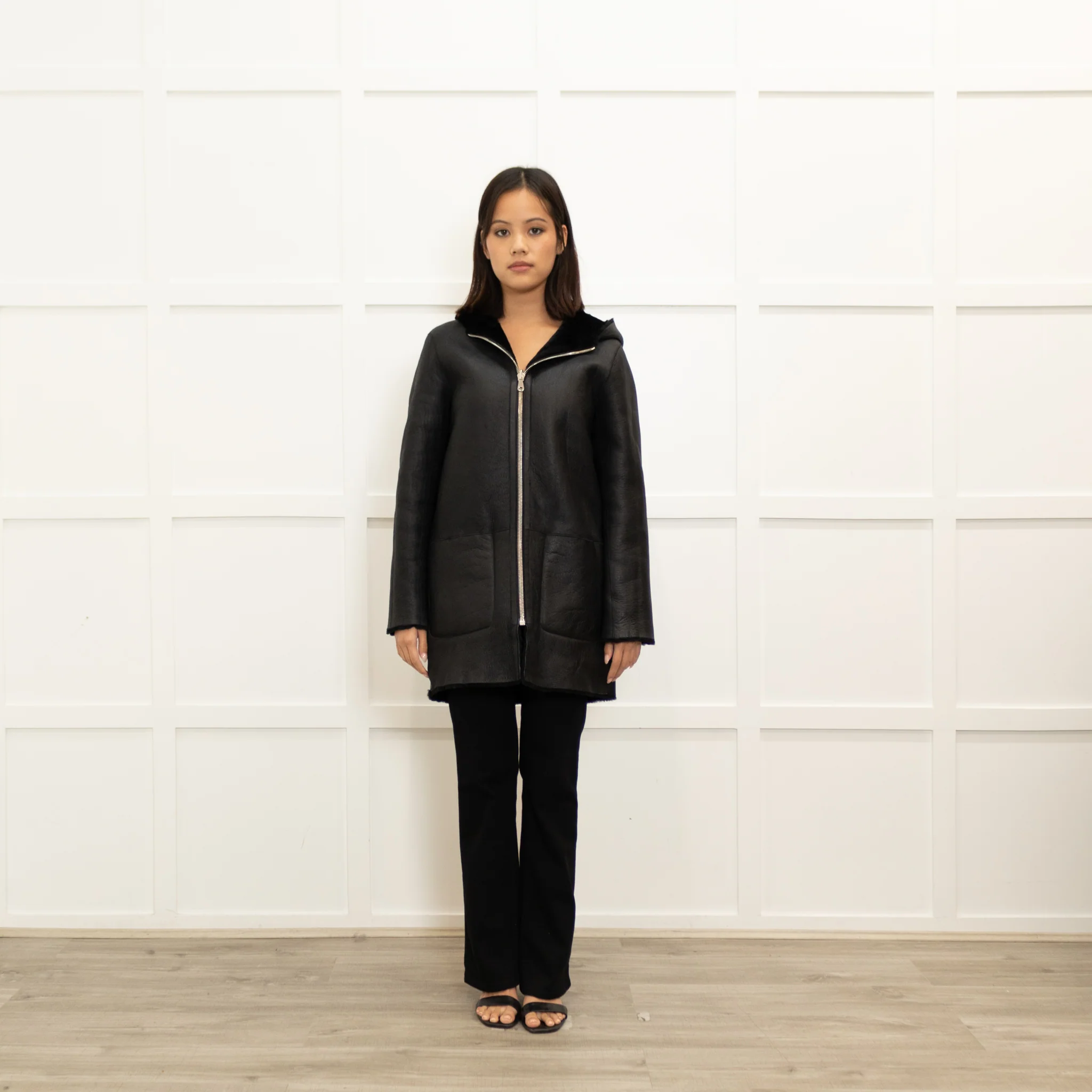 Sandro Black Reversible Soft Shearling Hooded Coat - Image 9