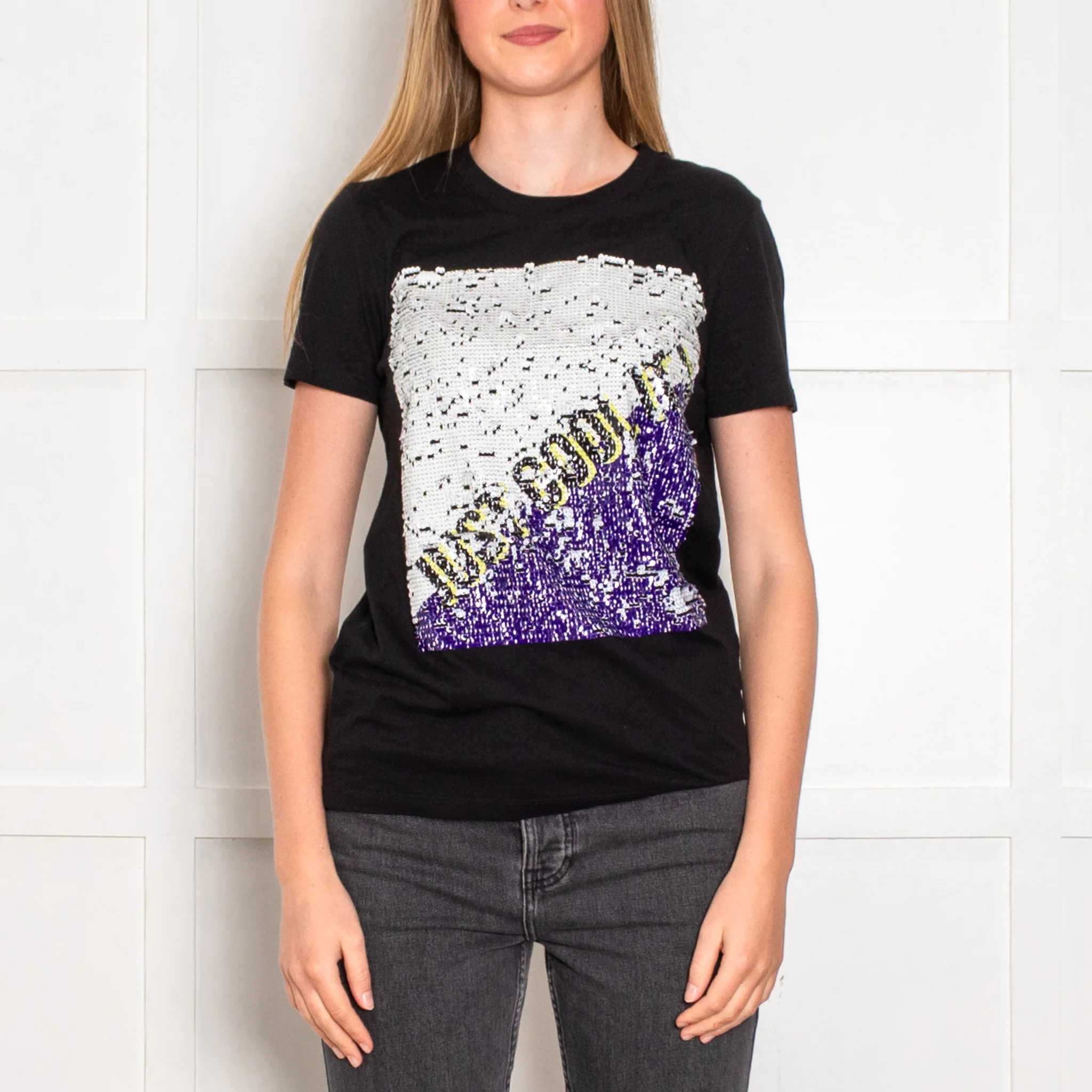 Sandro Black Slogan Sequinned T-Shirt - Image 2