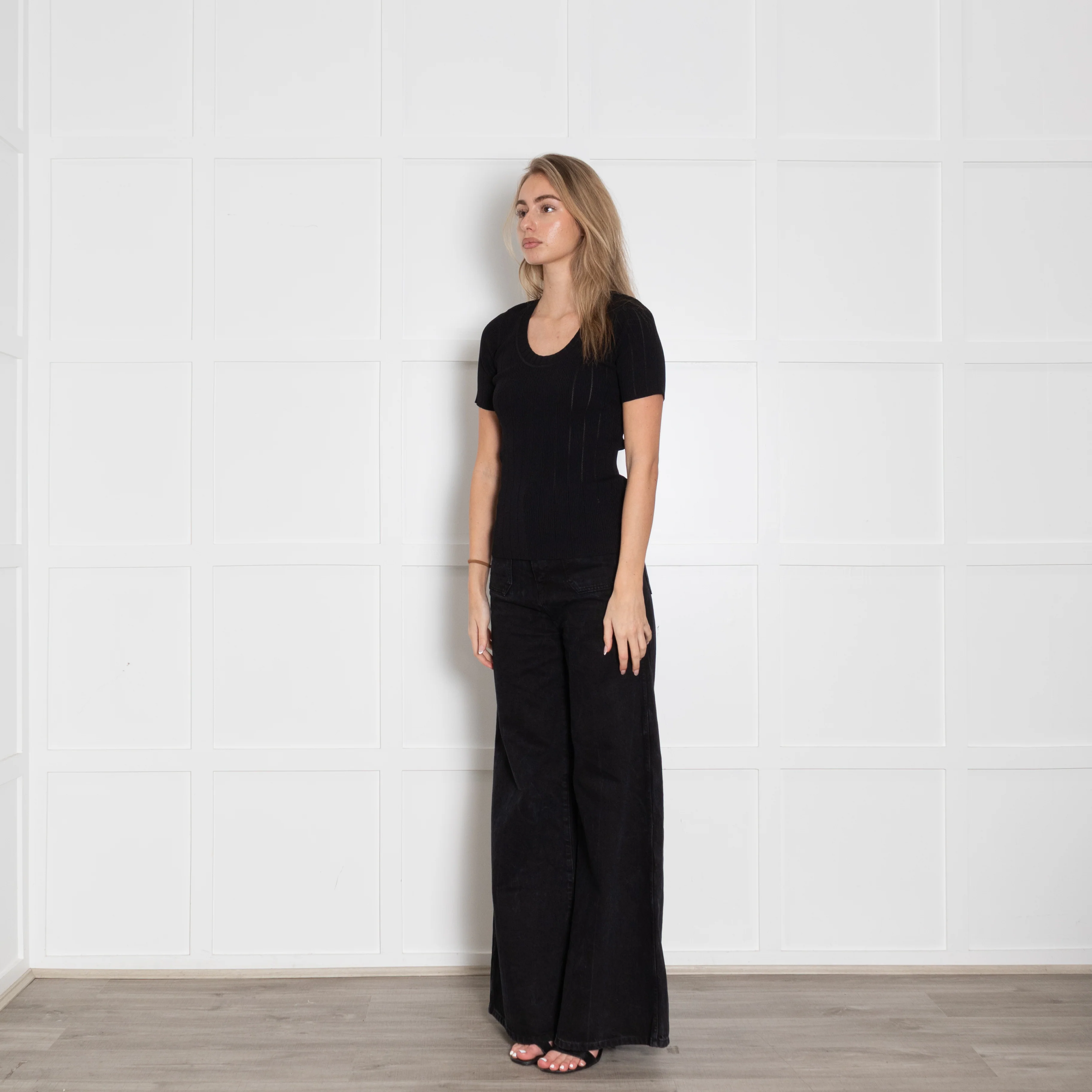 Sandro Black Stretched Ribbed Short Sleeve Top - Image 3