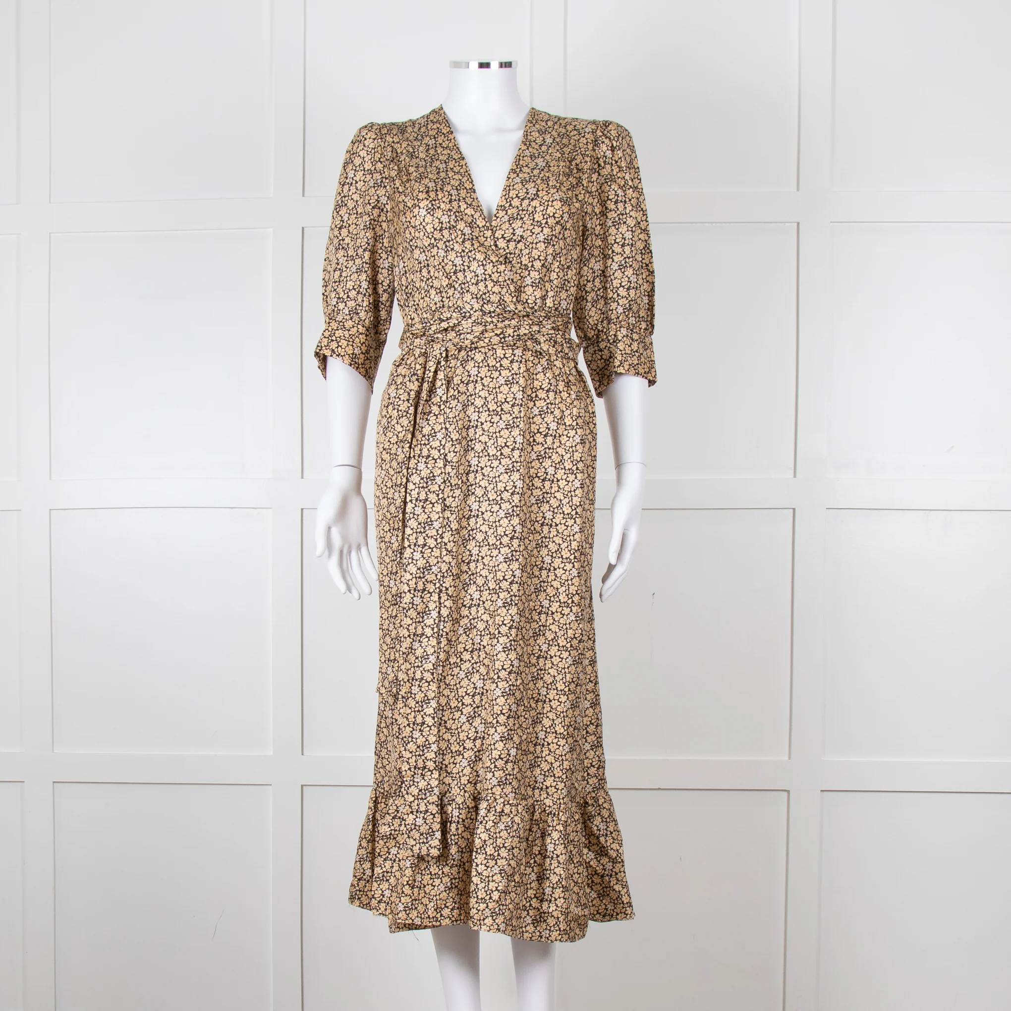 Sandro Black Tan Floral Puff Sleeve Midi Dress