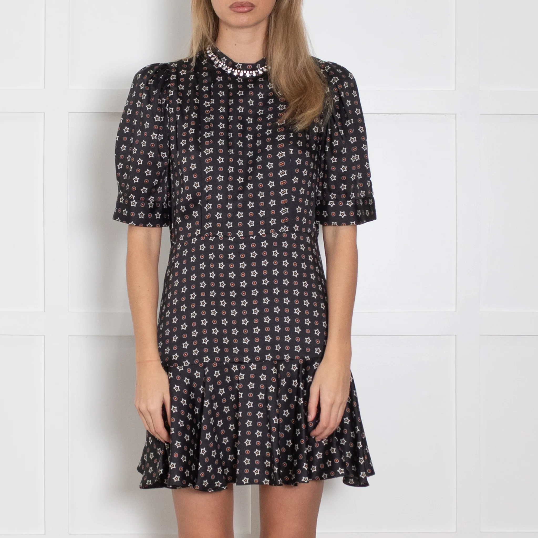 Sandro Black White Stars Print Silver Diamante Neck Detail Midi Dress - Image 2