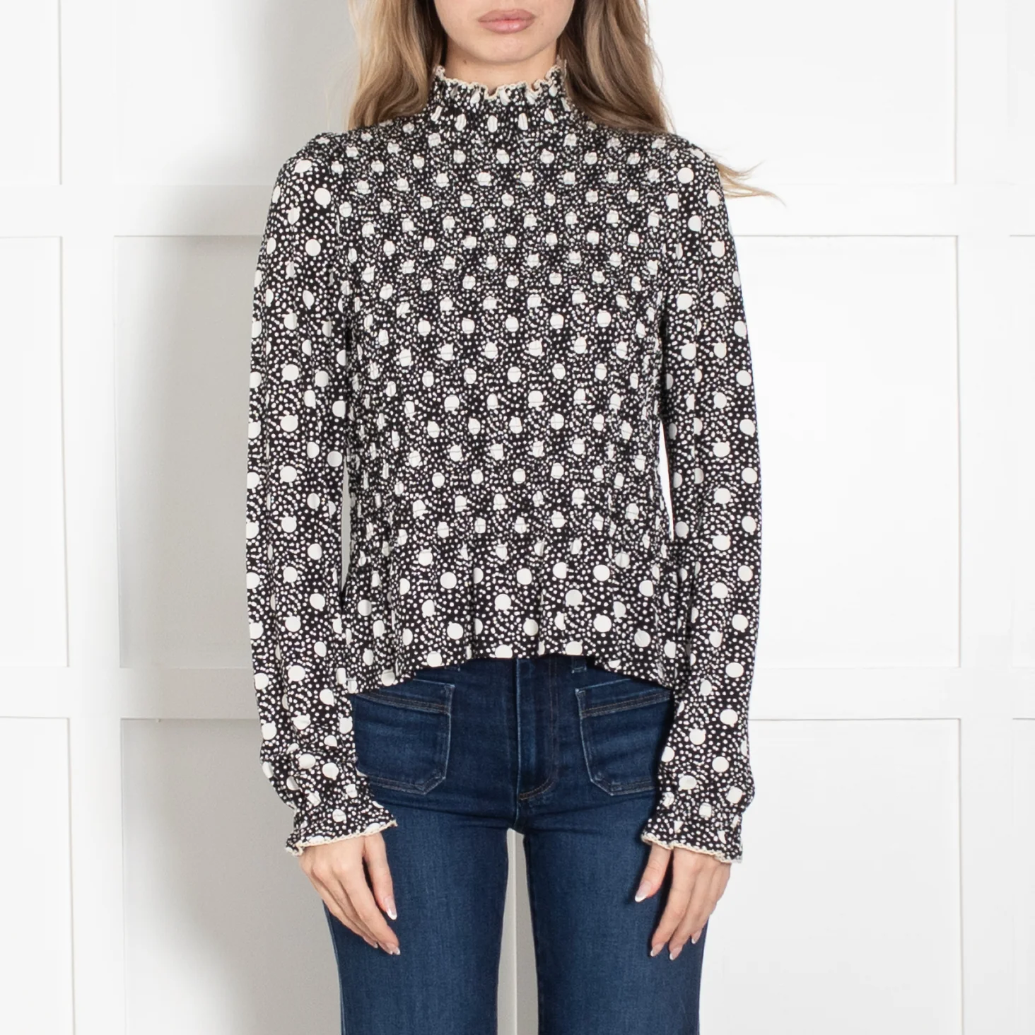 Sandro Black With White Spots Smocked Long Sleeve Top - Image 2