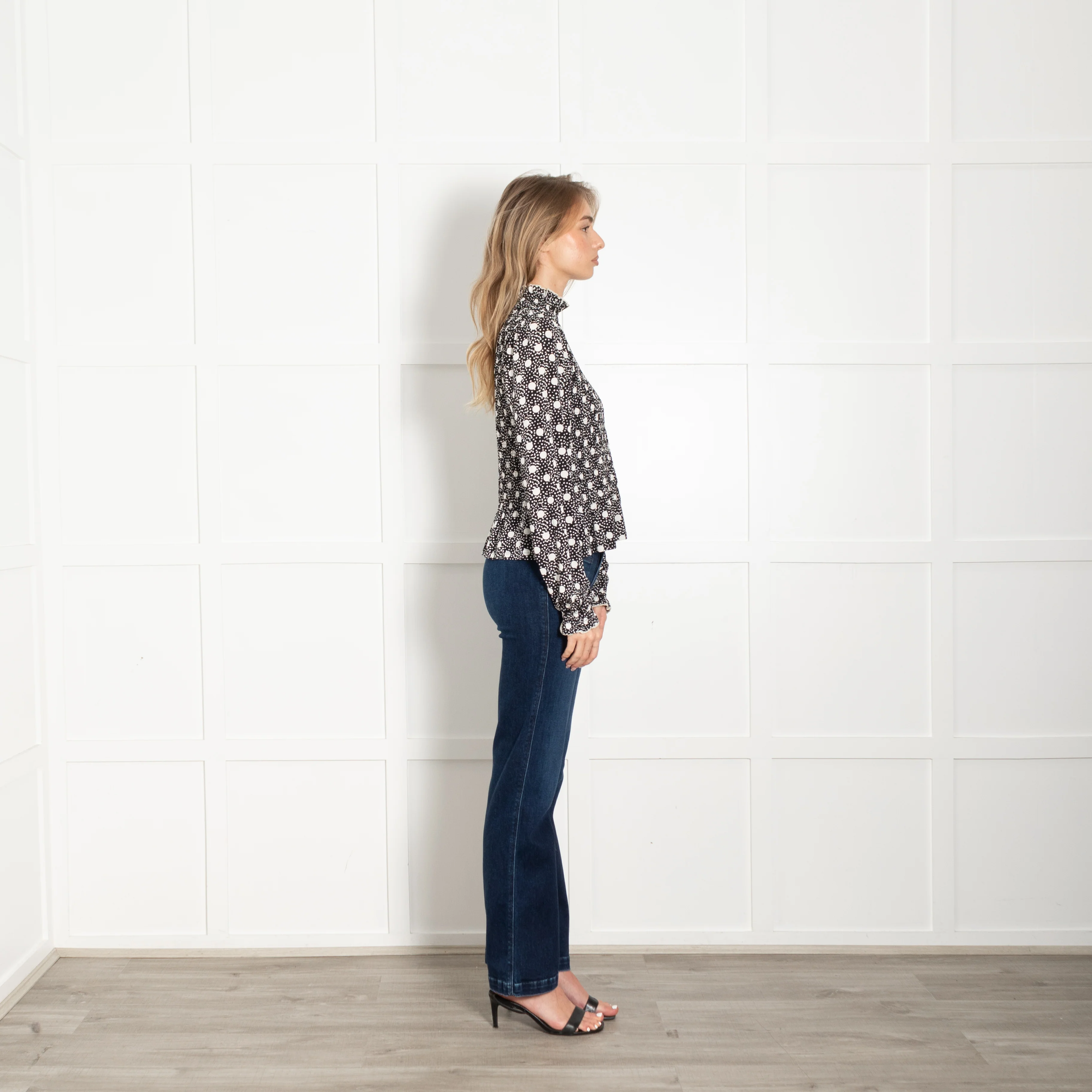 Sandro Black With White Spots Smocked Long Sleeve Top - Image 4