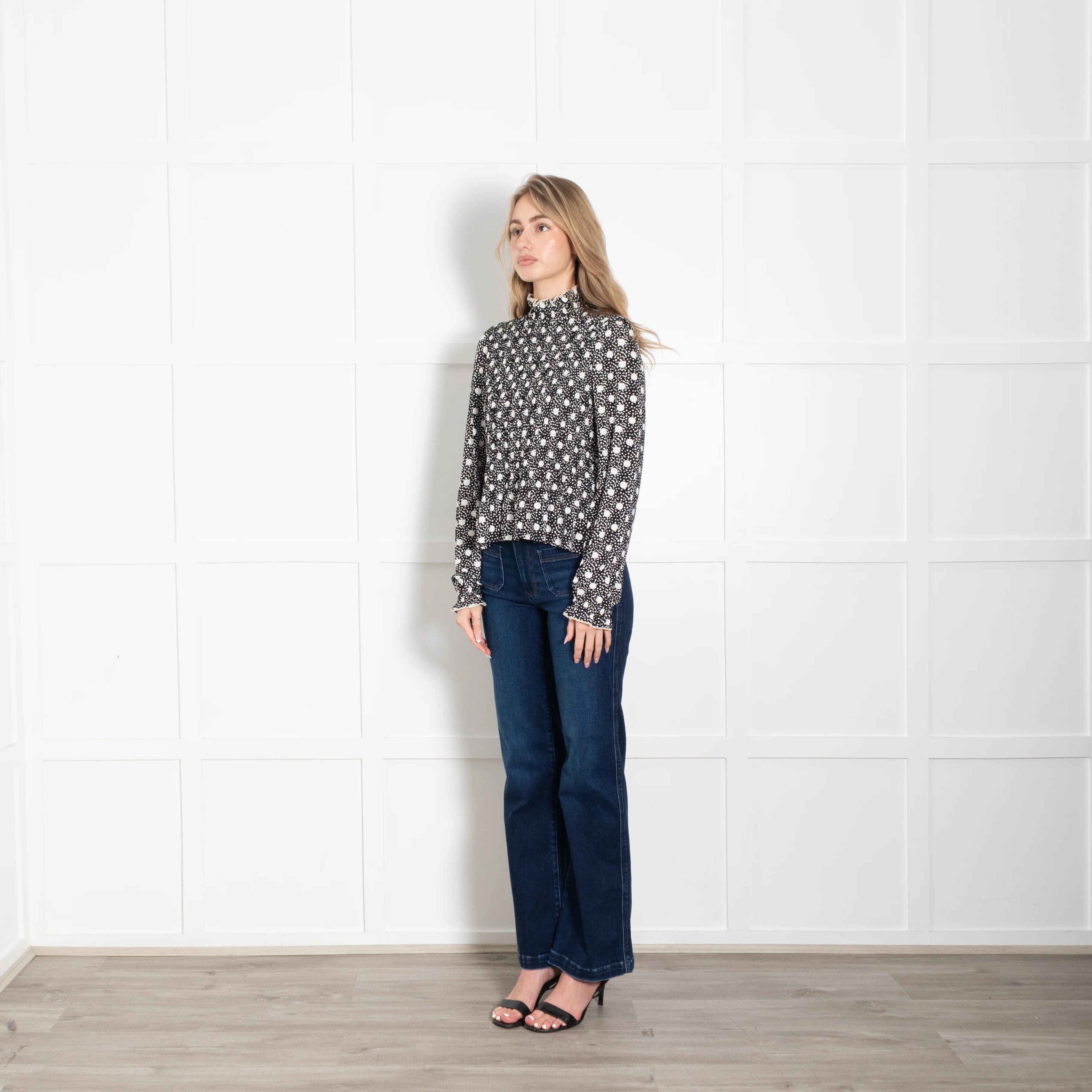 Sandro Black With White Spots Smocked Long Sleeve Top - Image 7