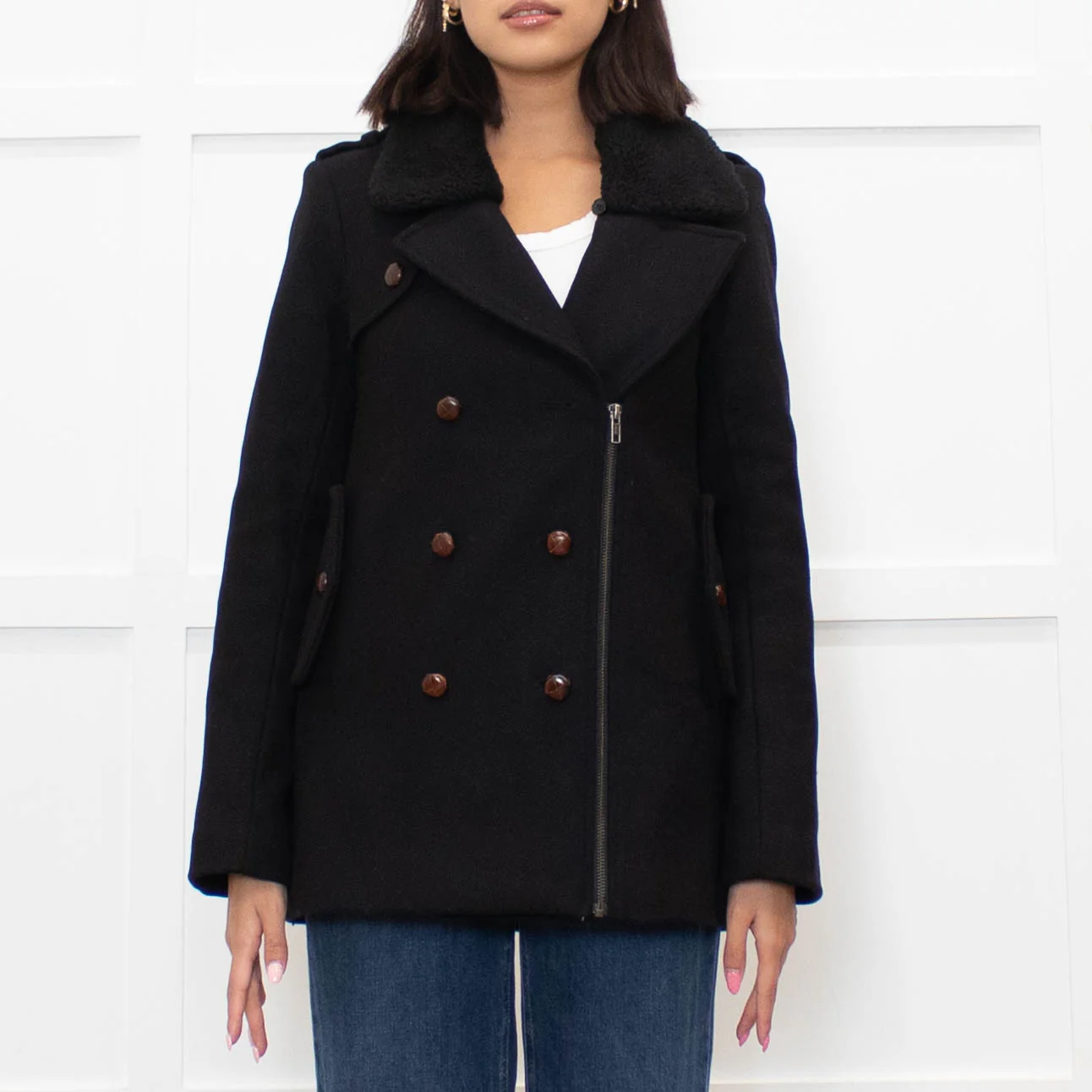 Sandro Black Wool Blend Brown Button Zip Front Coat - Image 2