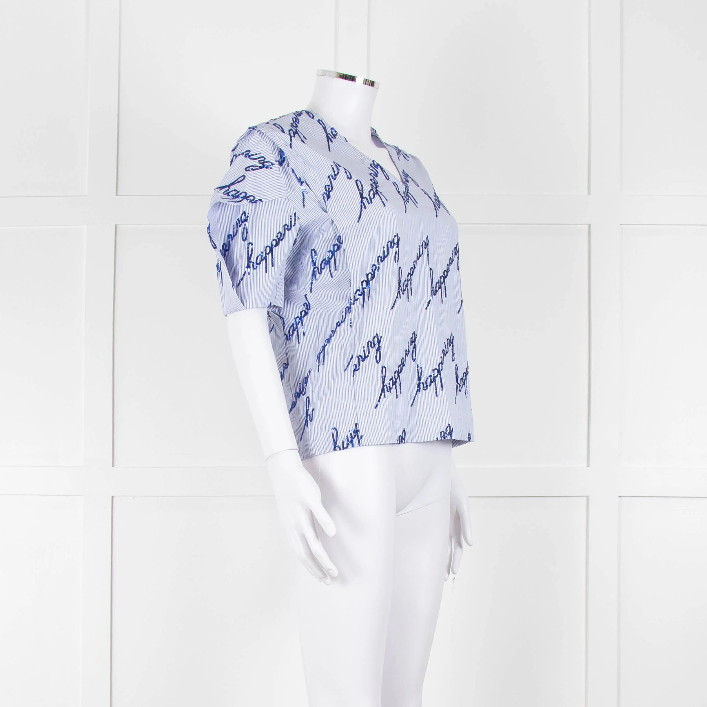 Sandro Blue And White Striped Top With Blue Sequin 'happening' Words - Image 2