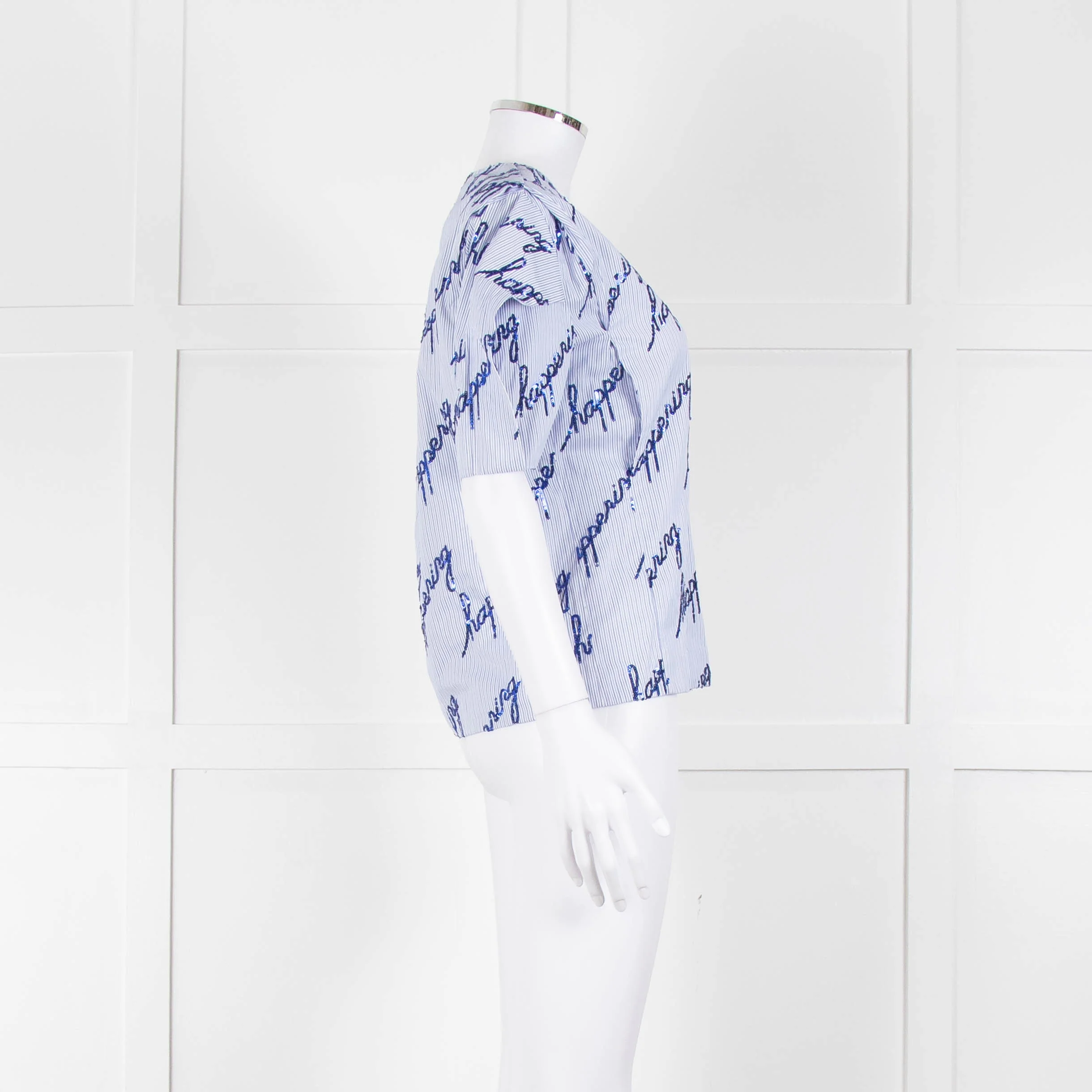 Sandro Blue And White Striped Top With Blue Sequin 'happening' Words - Image 3