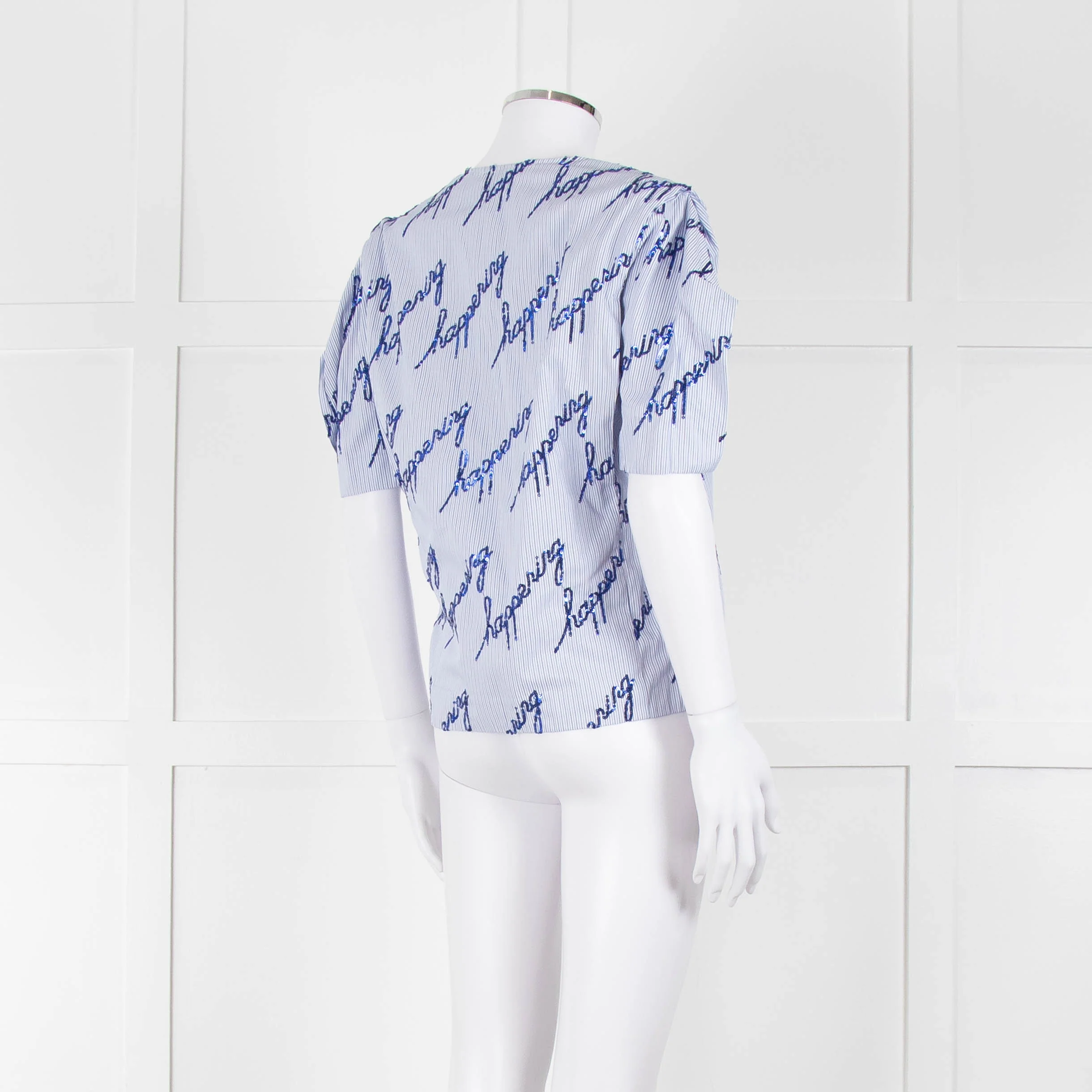 Sandro Blue And White Striped Top With Blue Sequin 'happening' Words - Image 4