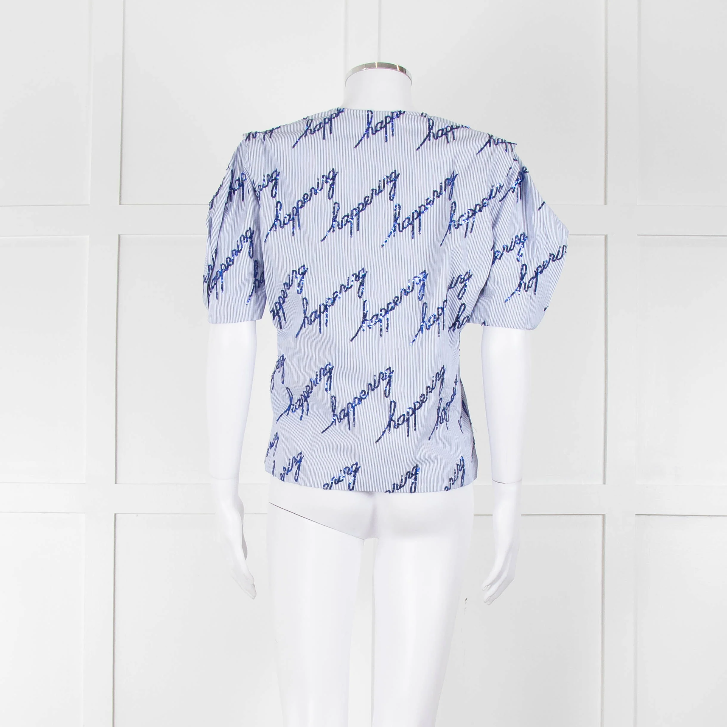 Sandro Blue And White Striped Top With Blue Sequin 'happening' Words - Image 5