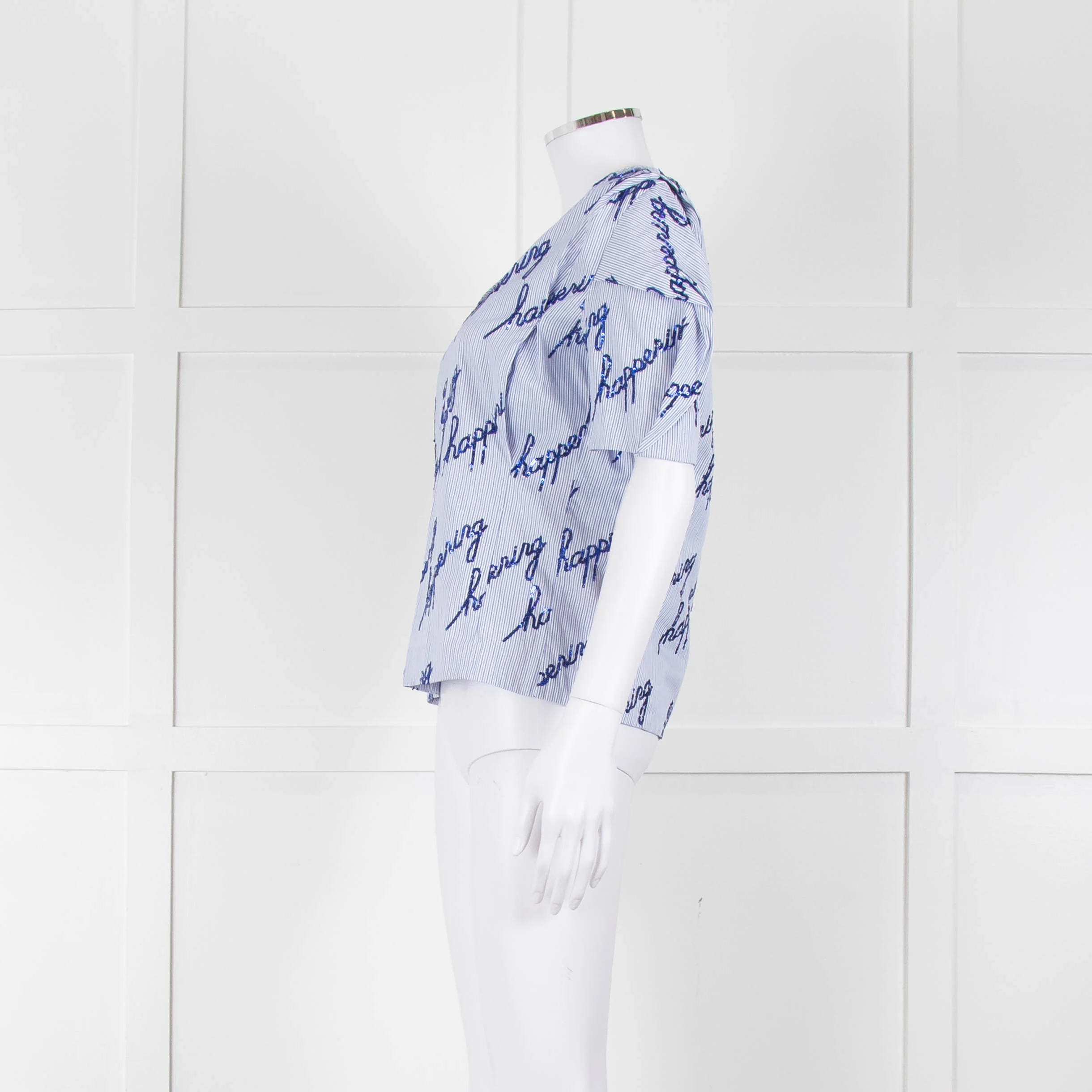 Sandro Blue And White Striped Top With Blue Sequin 'happening' Words - Image 7