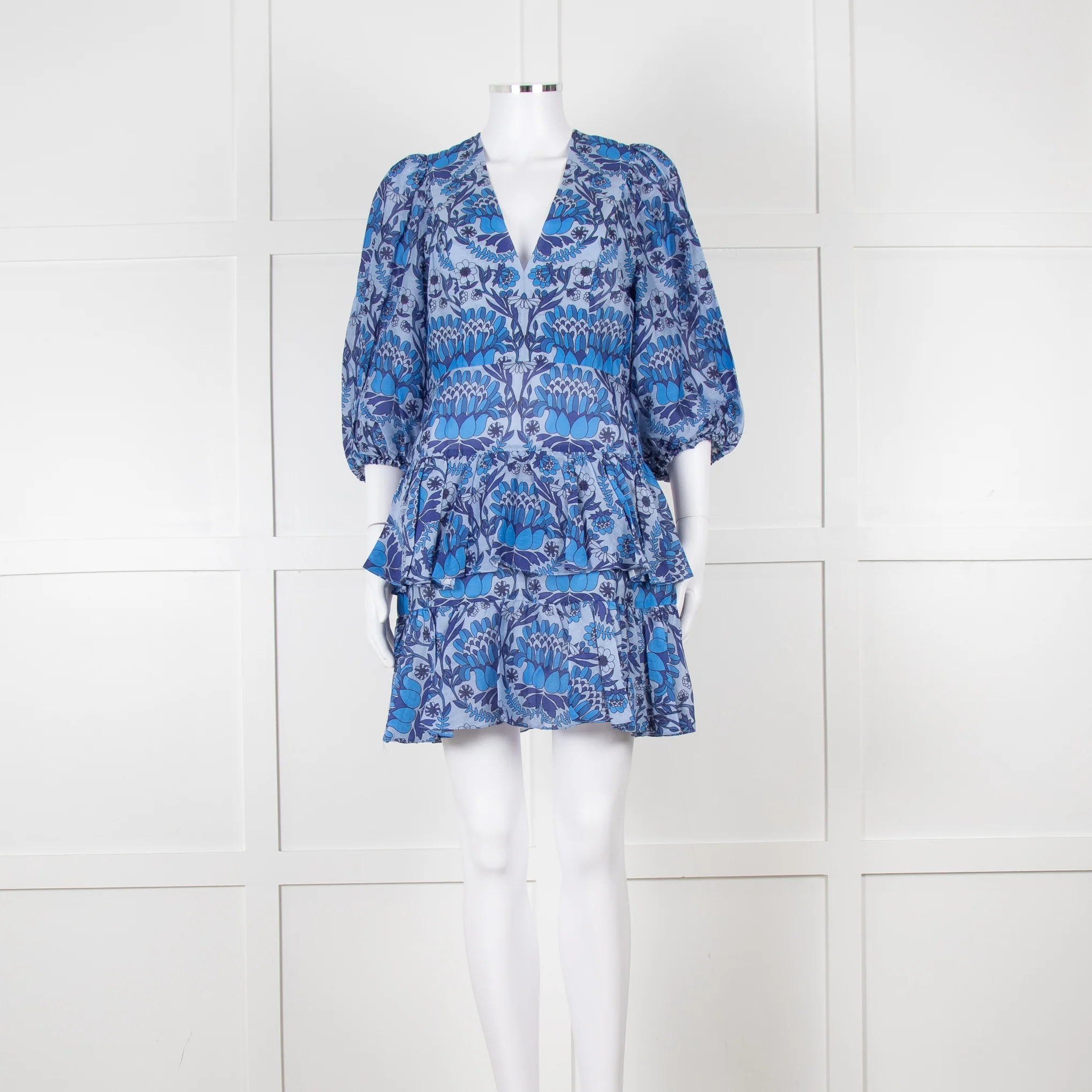 Sandro Blue Floral Mini Dress with Tiered Skirt