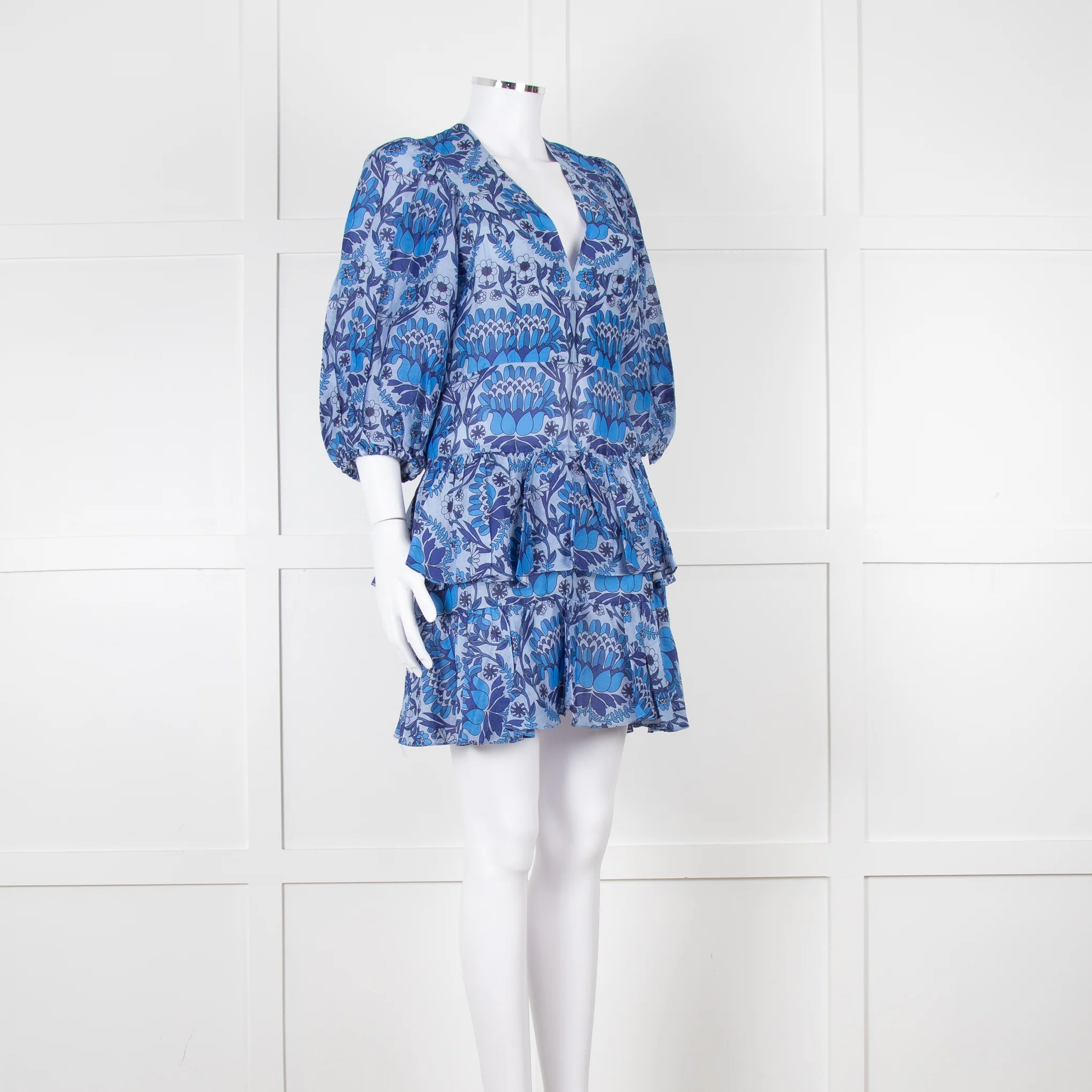 Sandro Blue Floral Mini Dress with Tiered Skirt - Image 2