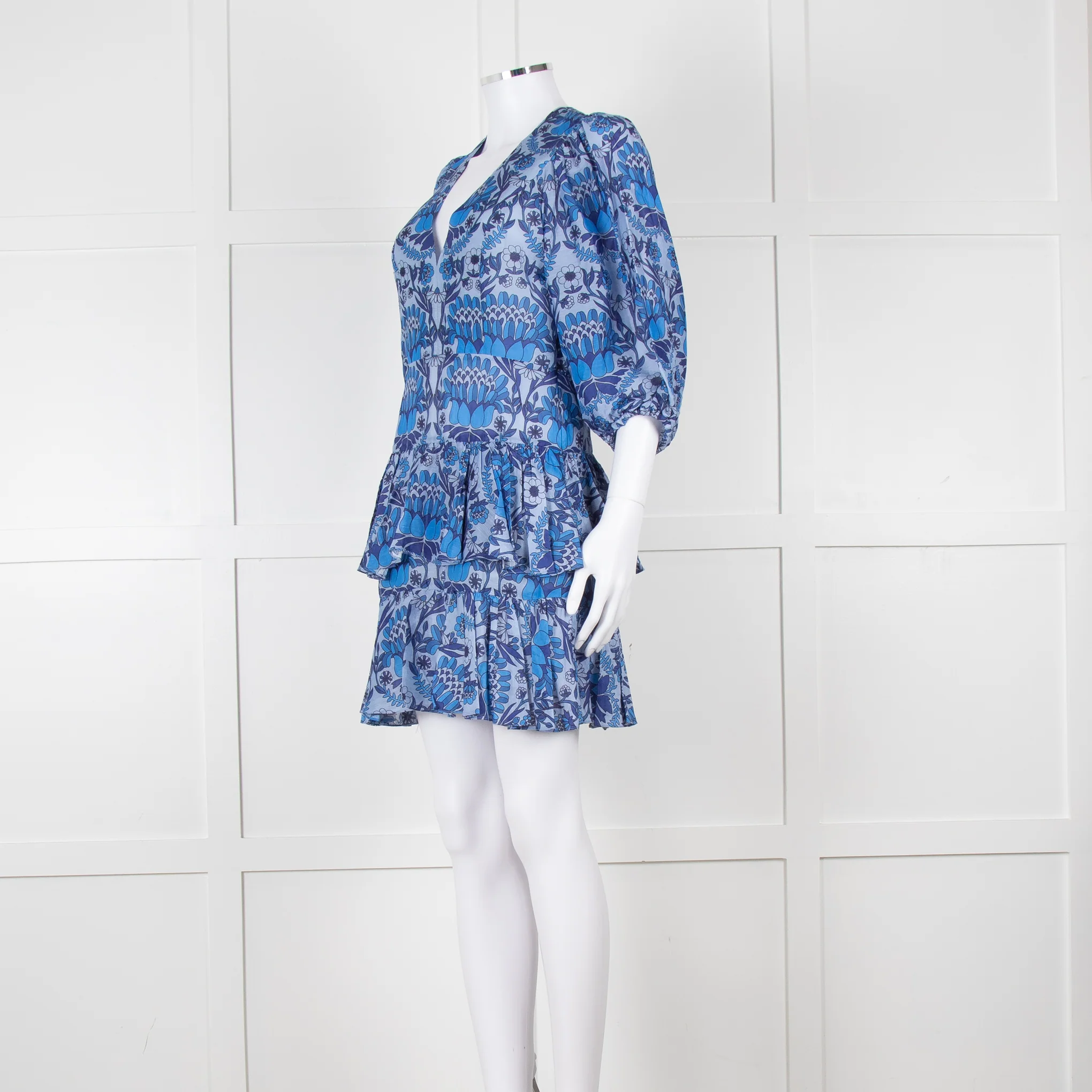 Sandro Blue Floral Mini Dress with Tiered Skirt - Image 8