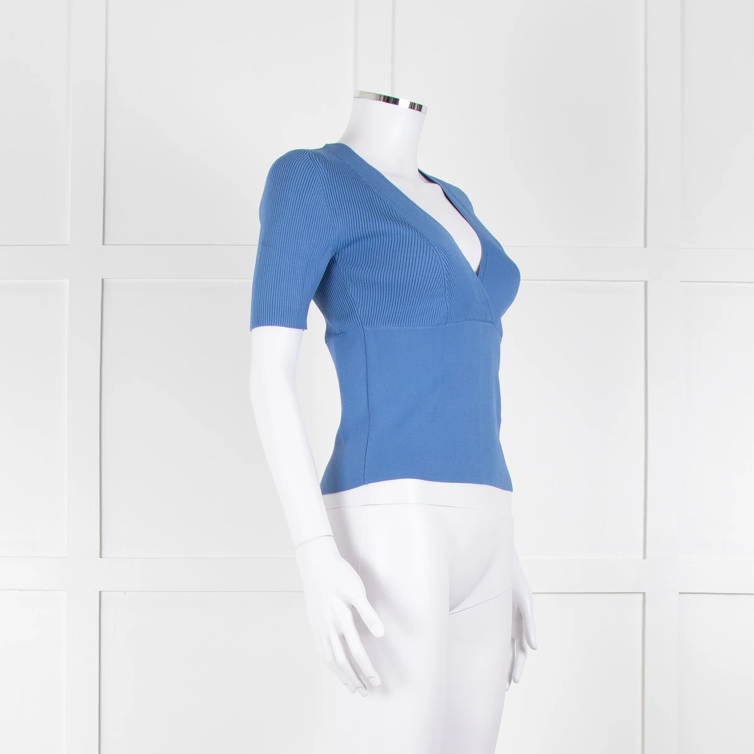 Sandro Blue Knit V-Neck Short Sleeve Top - Image 2