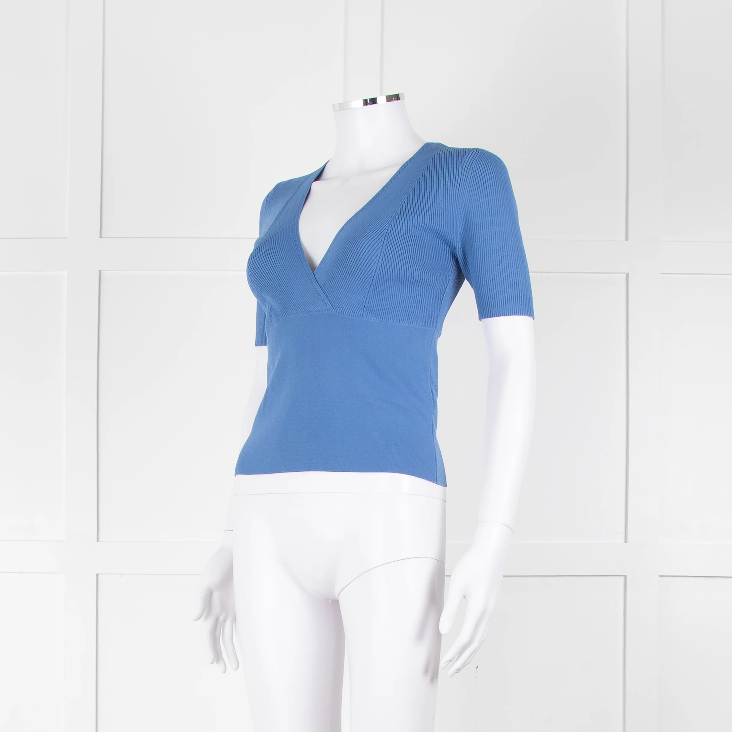 Sandro Blue Knit V-Neck Short Sleeve Top - Image 8