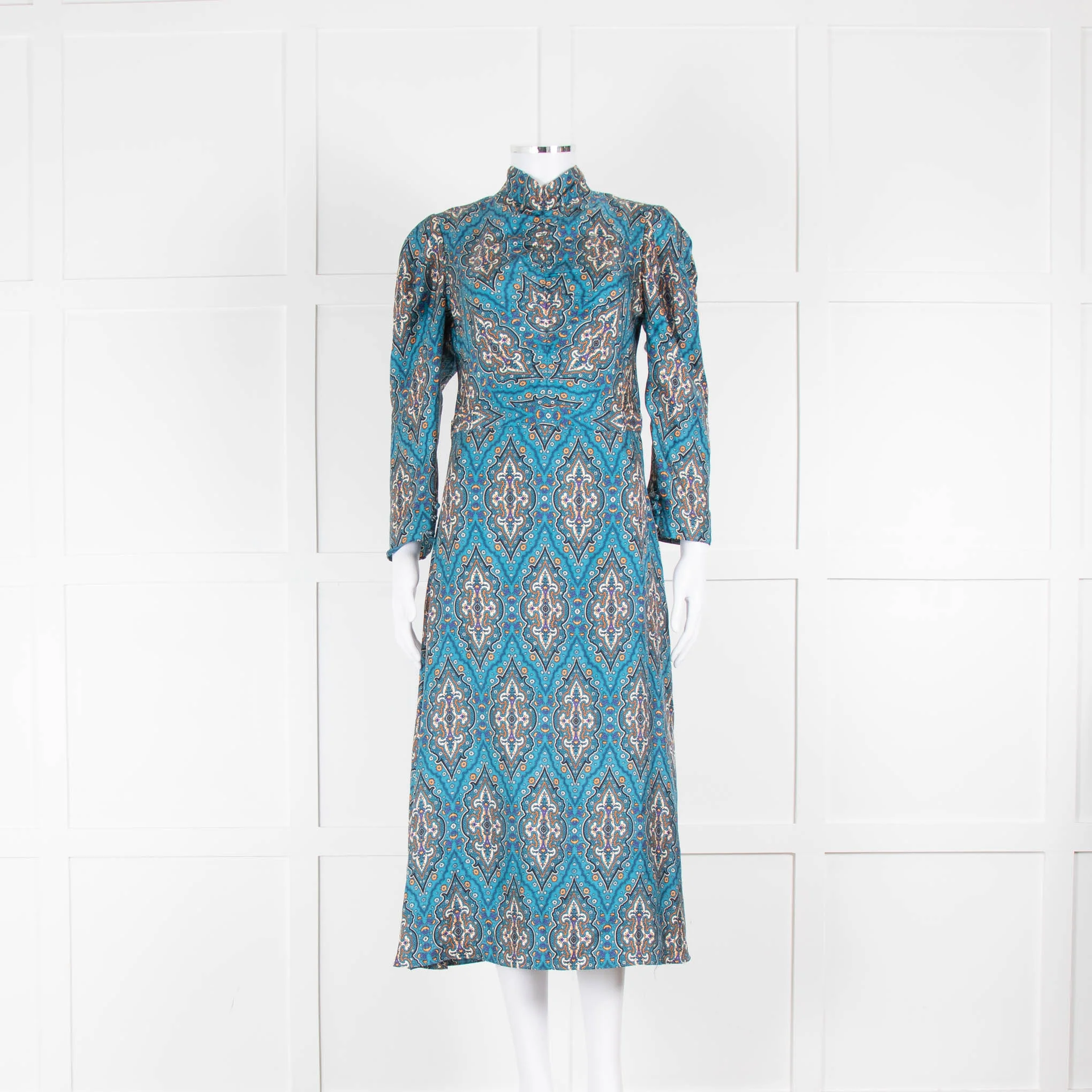Sandro Blue Orange Purple Paisley High Neck Midi Dress
