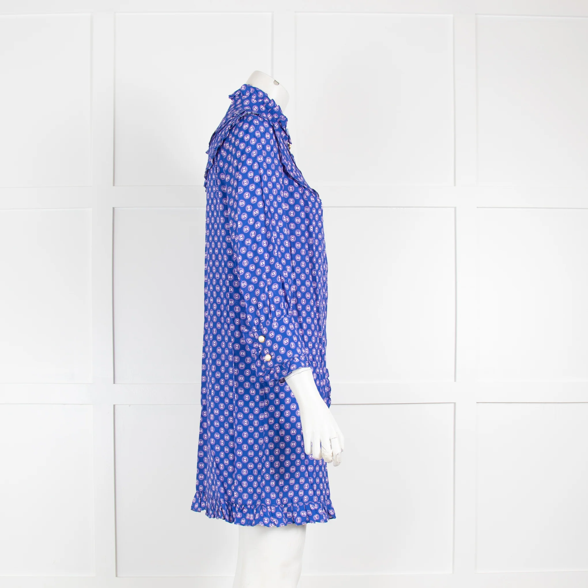 Sandro Blue Patterned Mini Dress with Frills & Pearl Button - Image 2