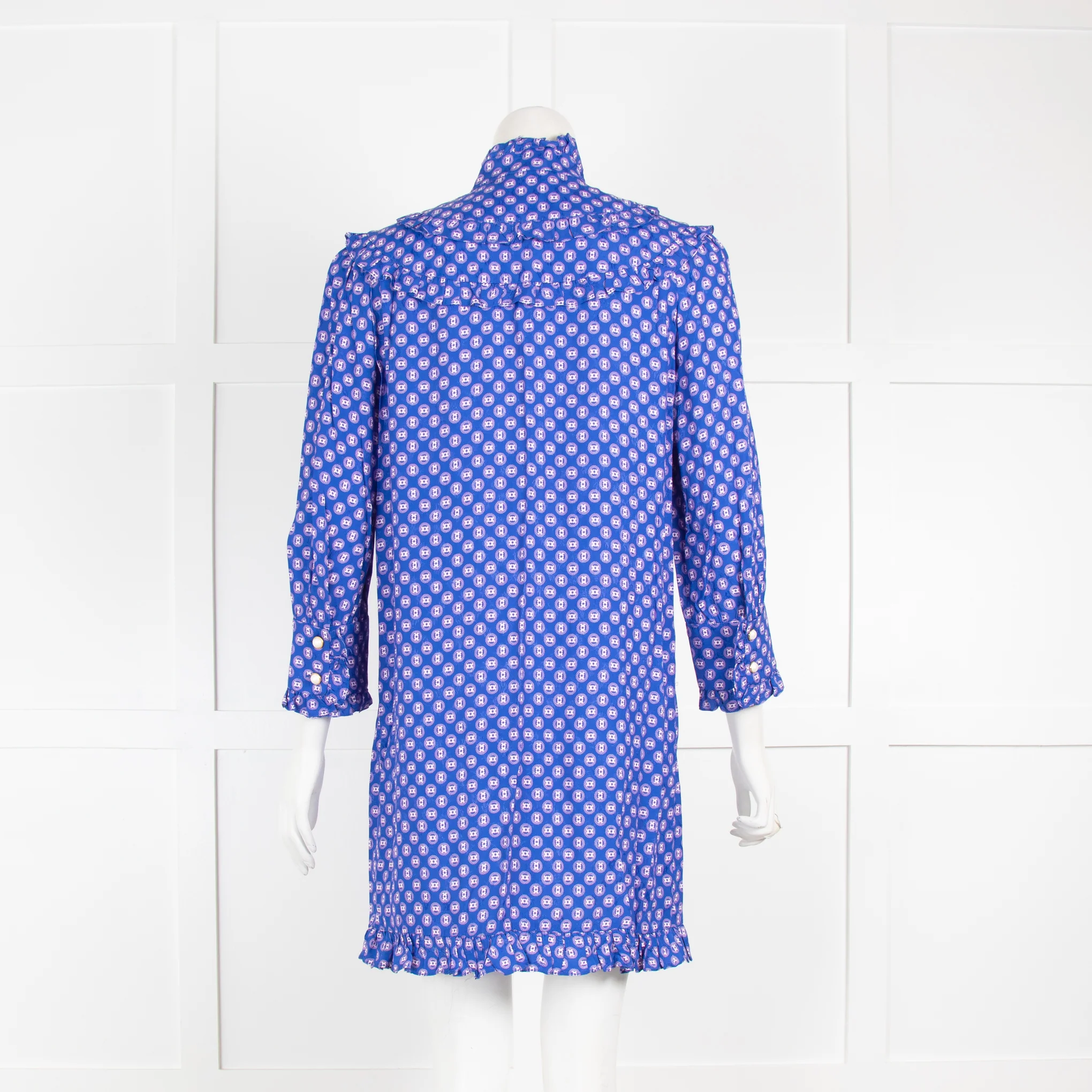 Sandro Blue Patterned Mini Dress with Frills & Pearl Button - Image 3