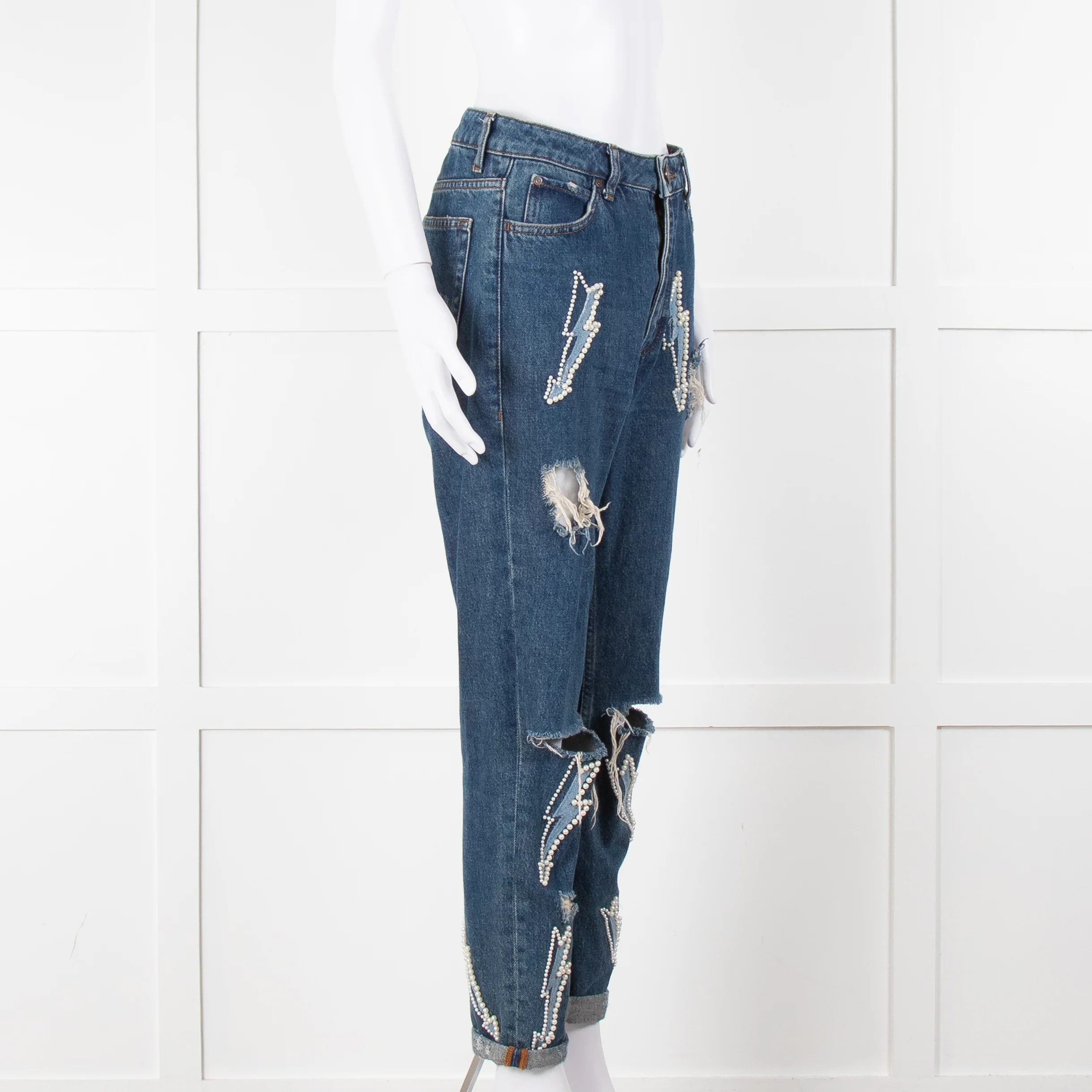 Sandro Blue Ripped Jeans With Pearl Lightening Detail - Image 2