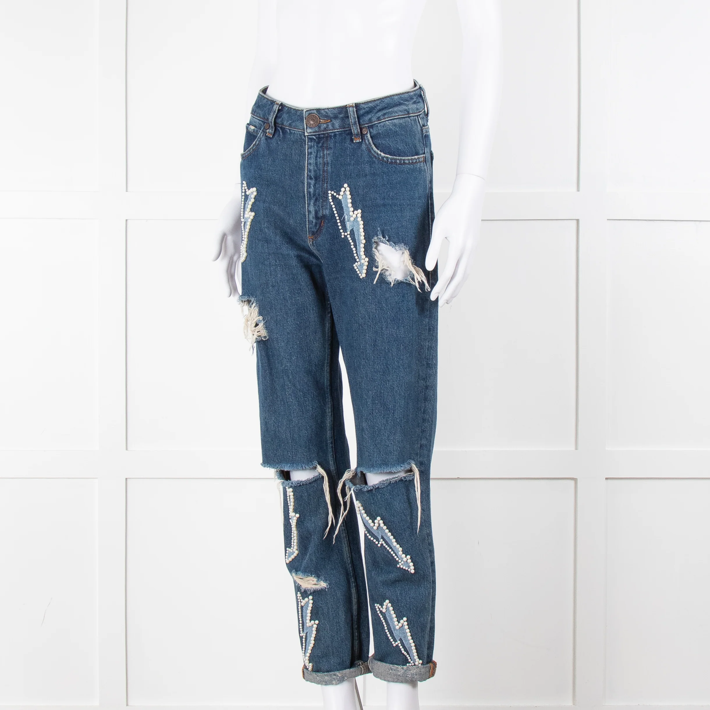Sandro Blue Ripped Jeans With Pearl Lightening Detail - Image 8