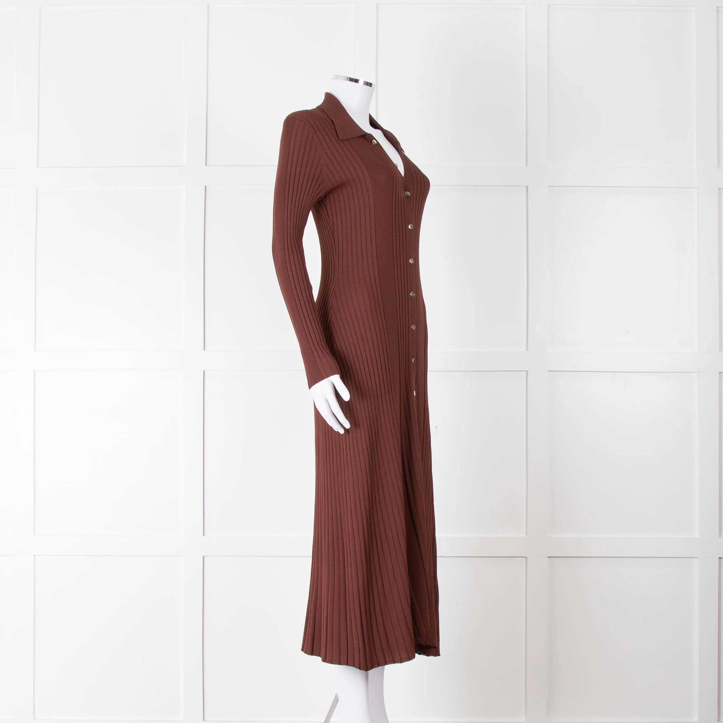 Sandro Brown Rib Knit Collared Dress with Gold Buttons - Image 2