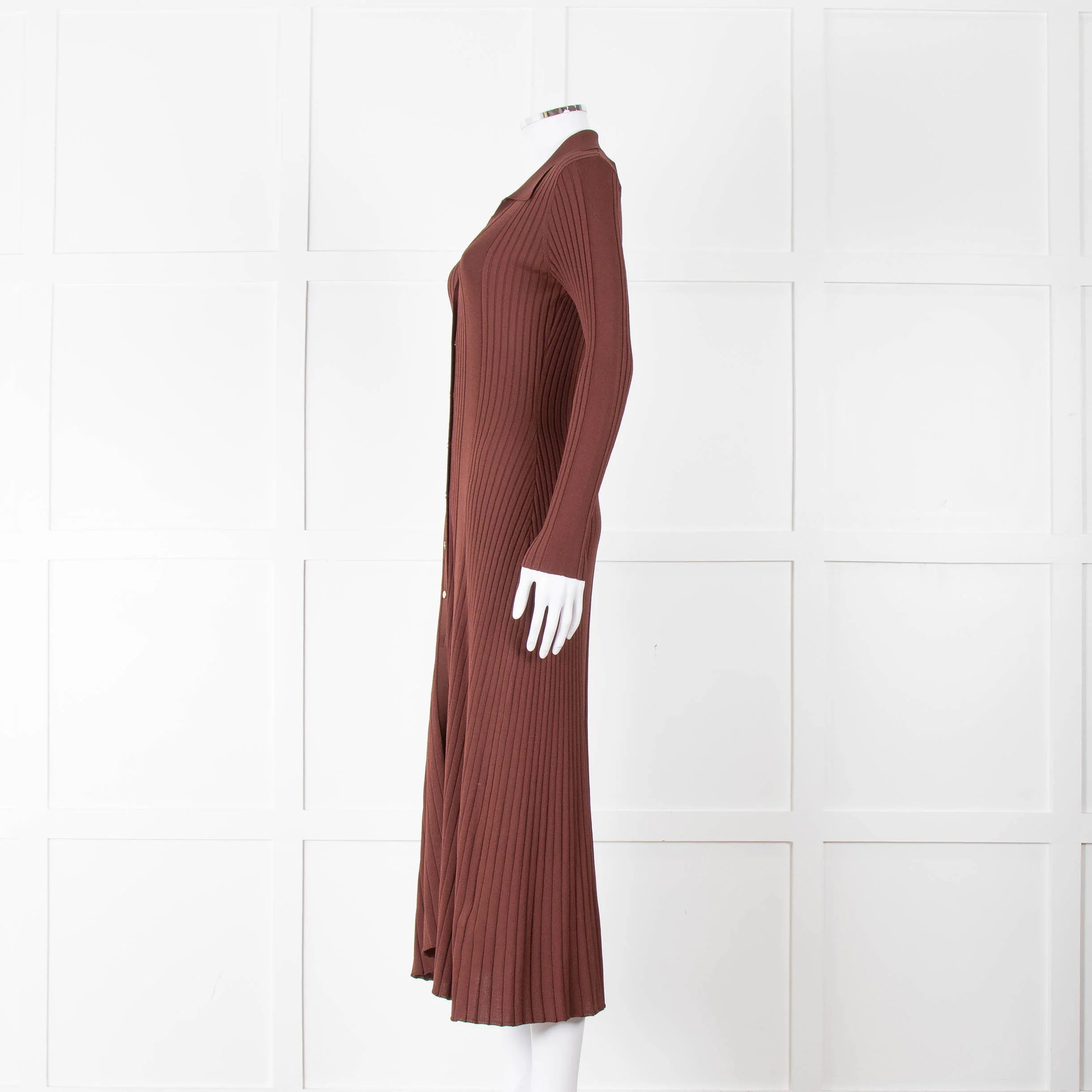 Sandro Brown Rib Knit Collared Dress with Gold Buttons - Image 7