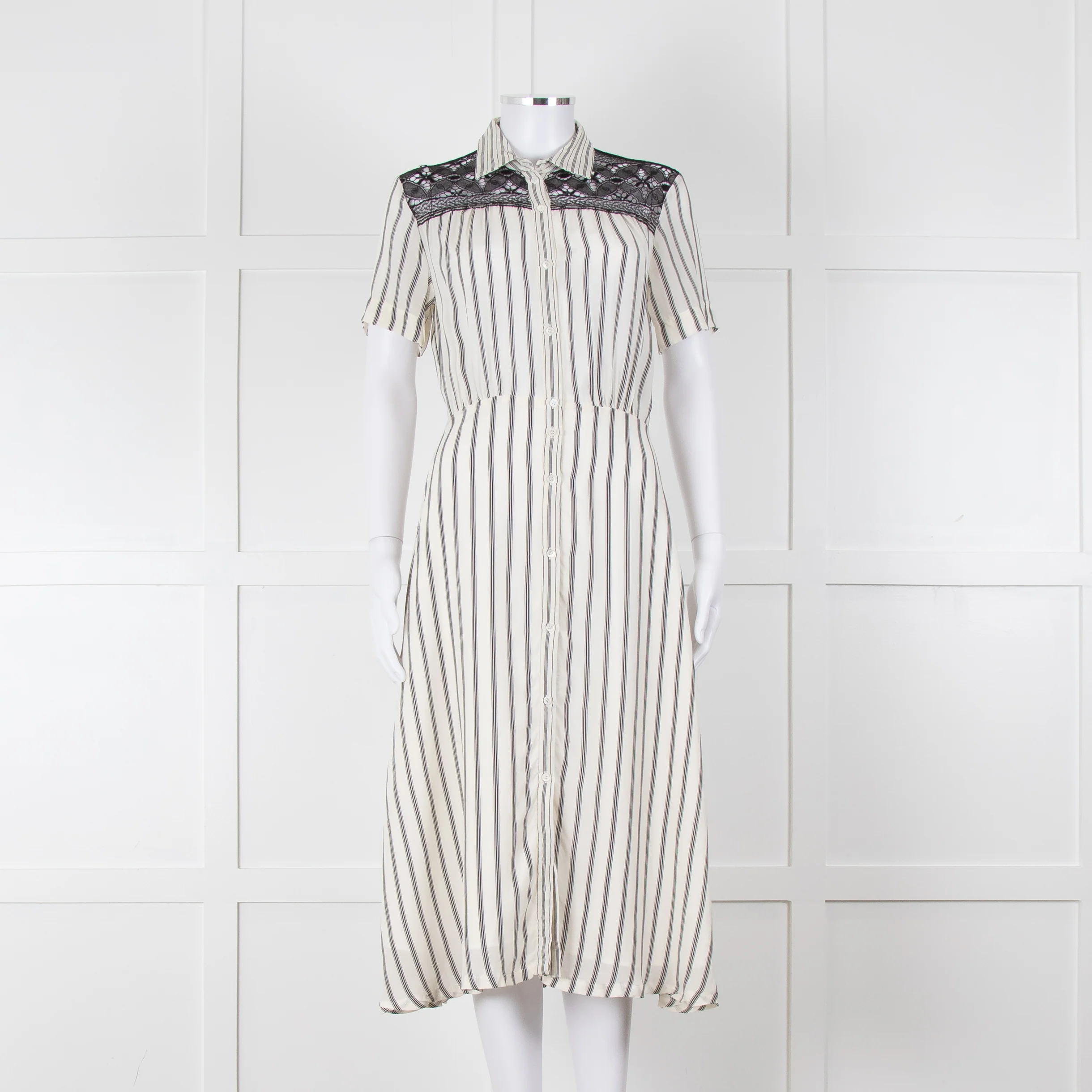Sandro Cream Black Striped Black Lace Detail Short Sleeve Dress