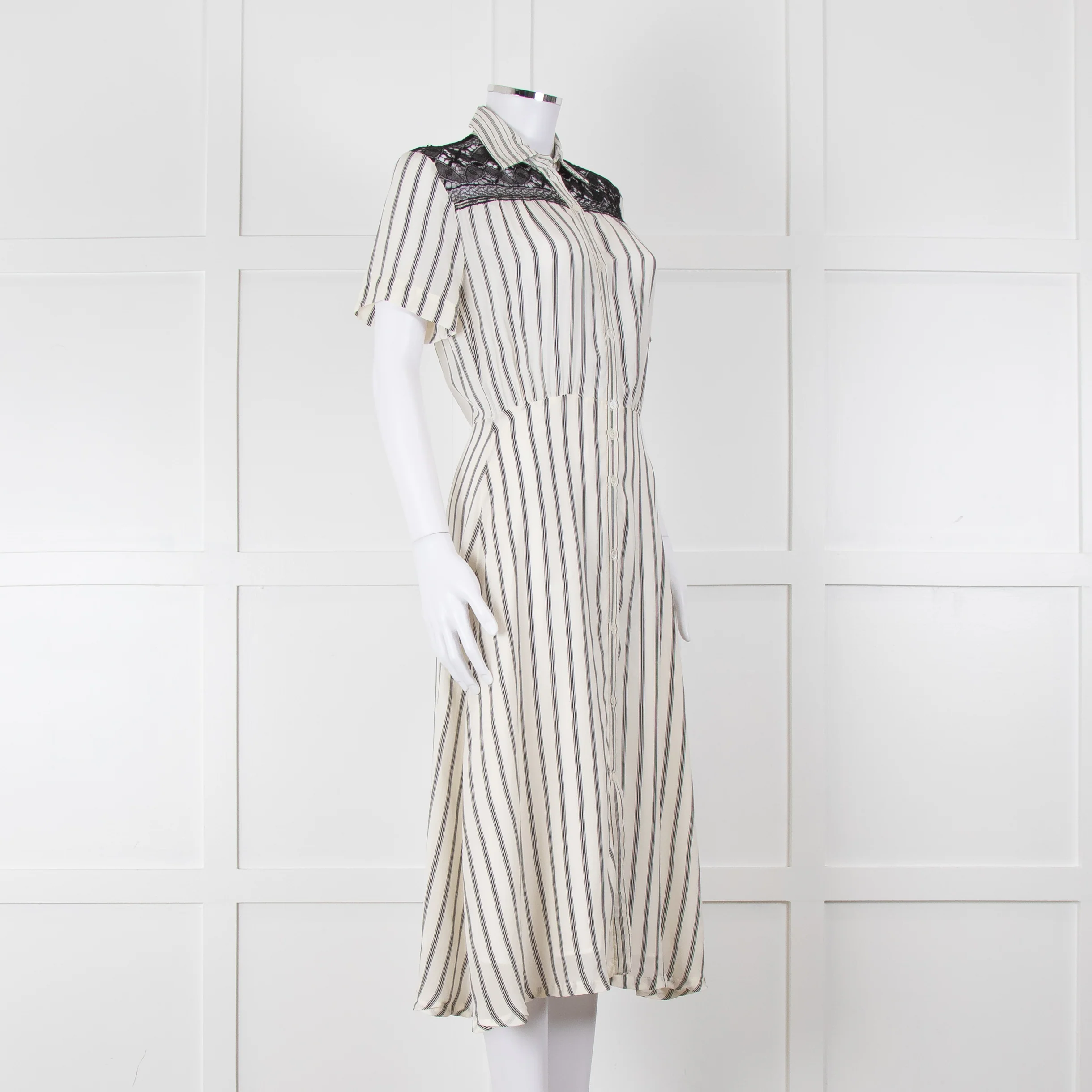 Sandro Cream Black Striped Black Lace Detail Short Sleeve Dress - Image 2