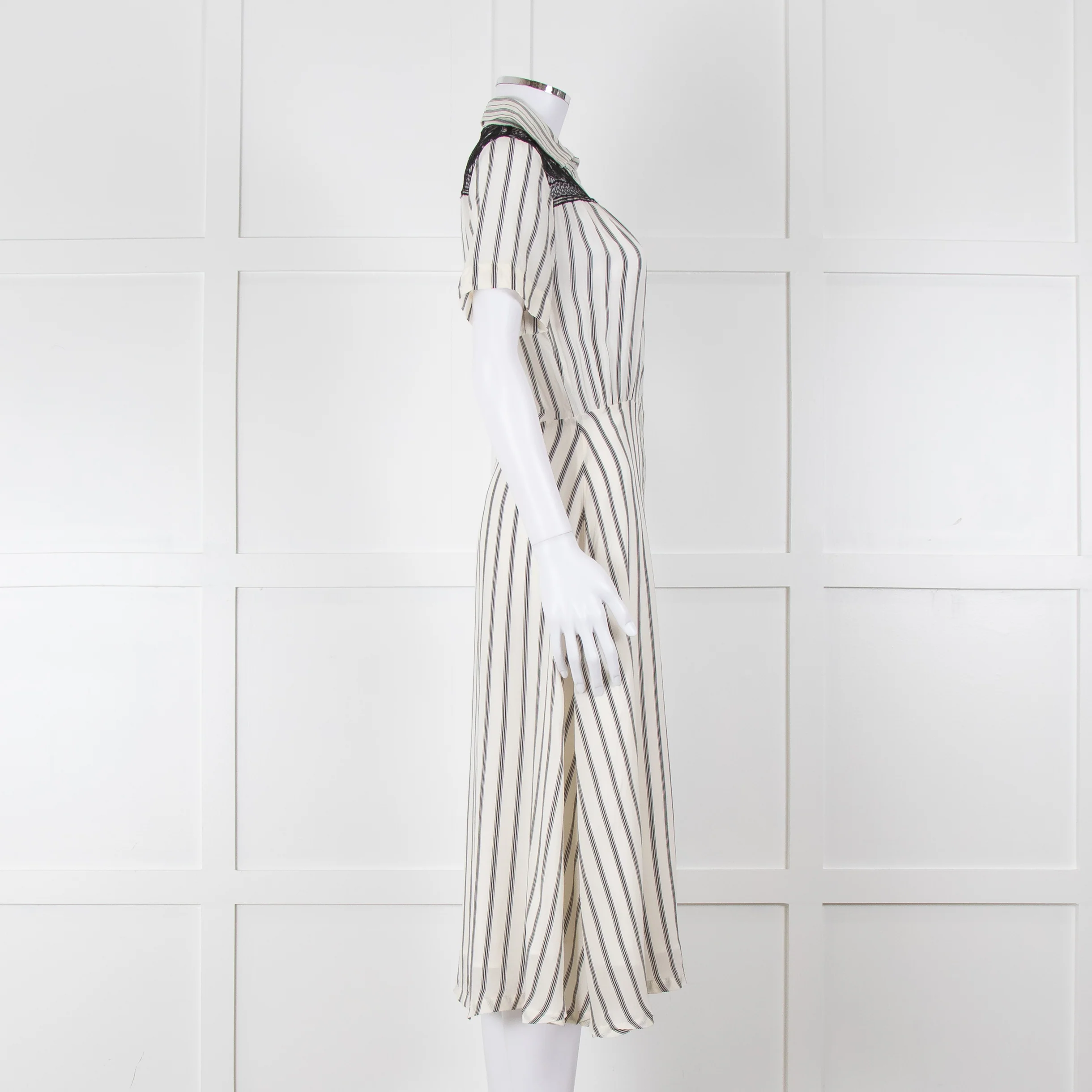 Sandro Cream Black Striped Black Lace Detail Short Sleeve Dress - Image 3