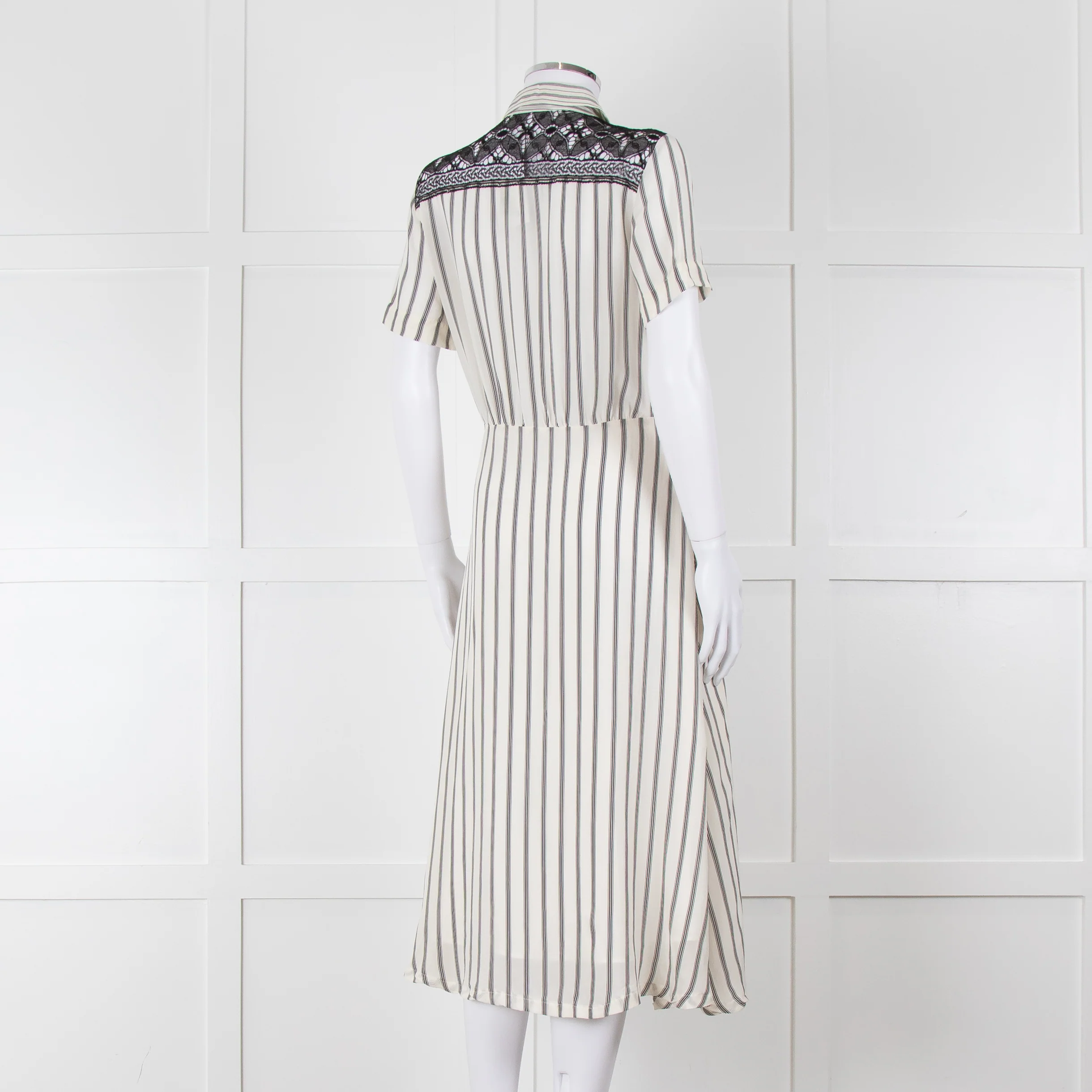 Sandro Cream Black Striped Black Lace Detail Short Sleeve Dress - Image 4