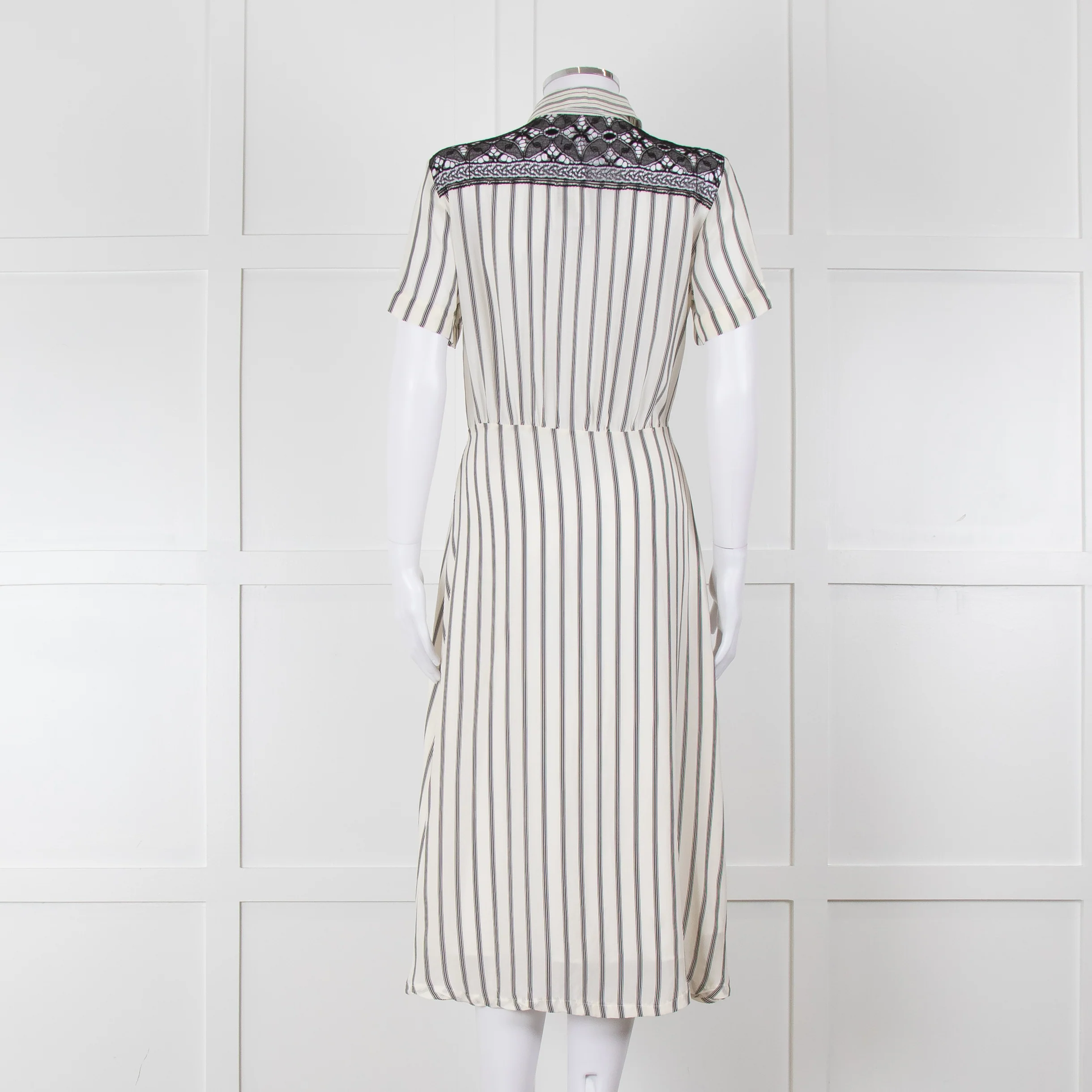 Sandro Cream Black Striped Black Lace Detail Short Sleeve Dress - Image 5