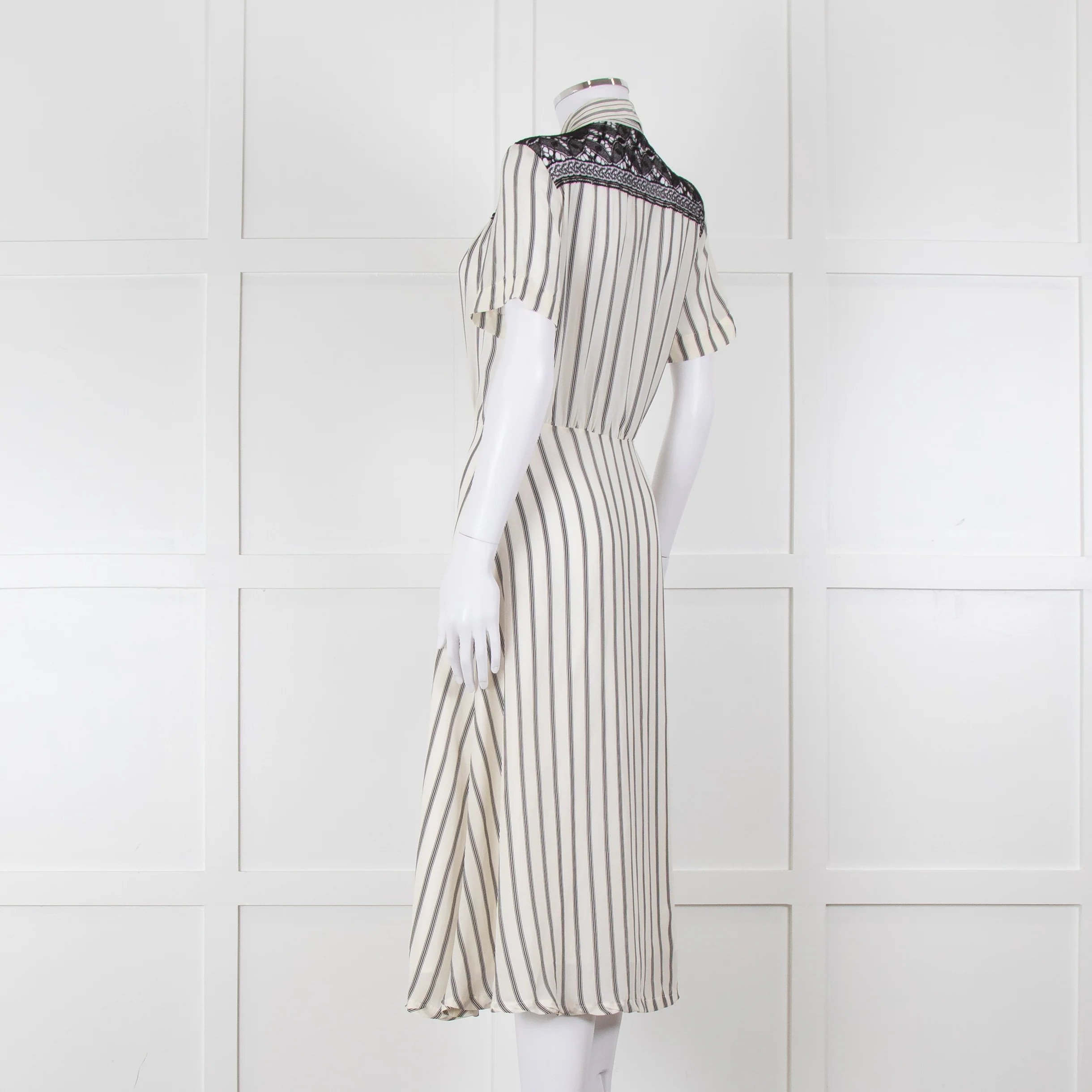 Sandro Cream Black Striped Black Lace Detail Short Sleeve Dress - Image 6
