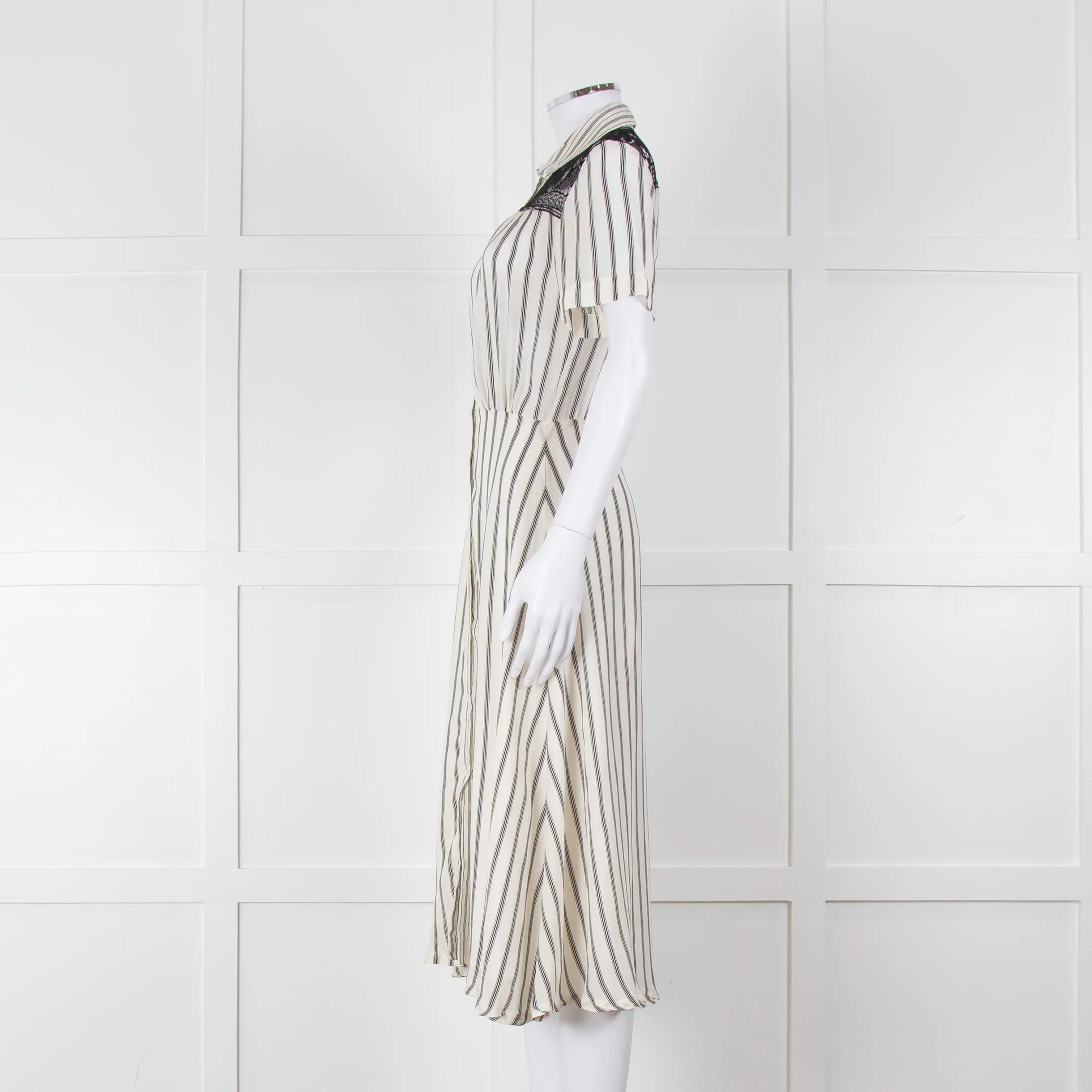 Sandro Cream Black Striped Black Lace Detail Short Sleeve Dress - Image 7