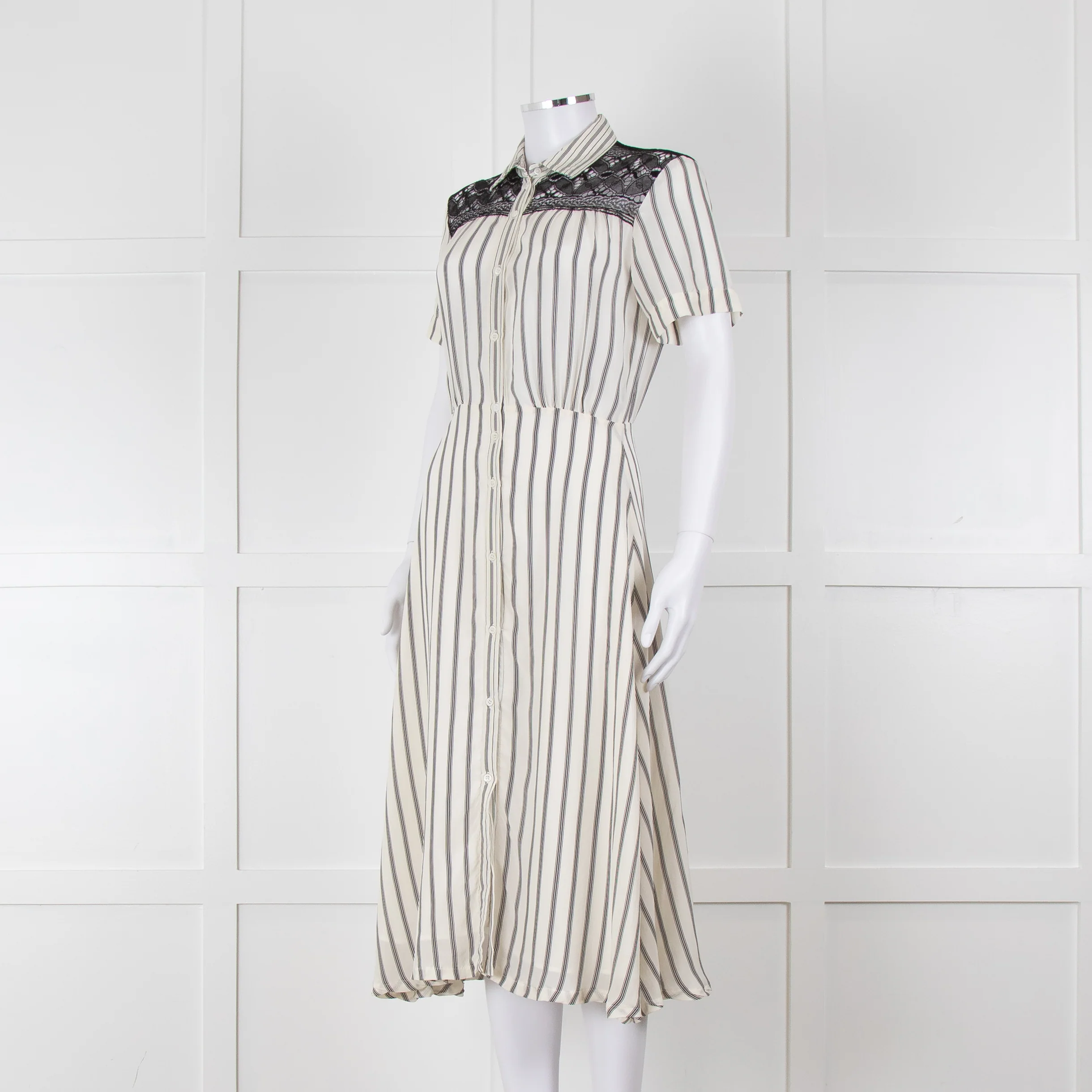 Sandro Cream Black Striped Black Lace Detail Short Sleeve Dress - Image 8