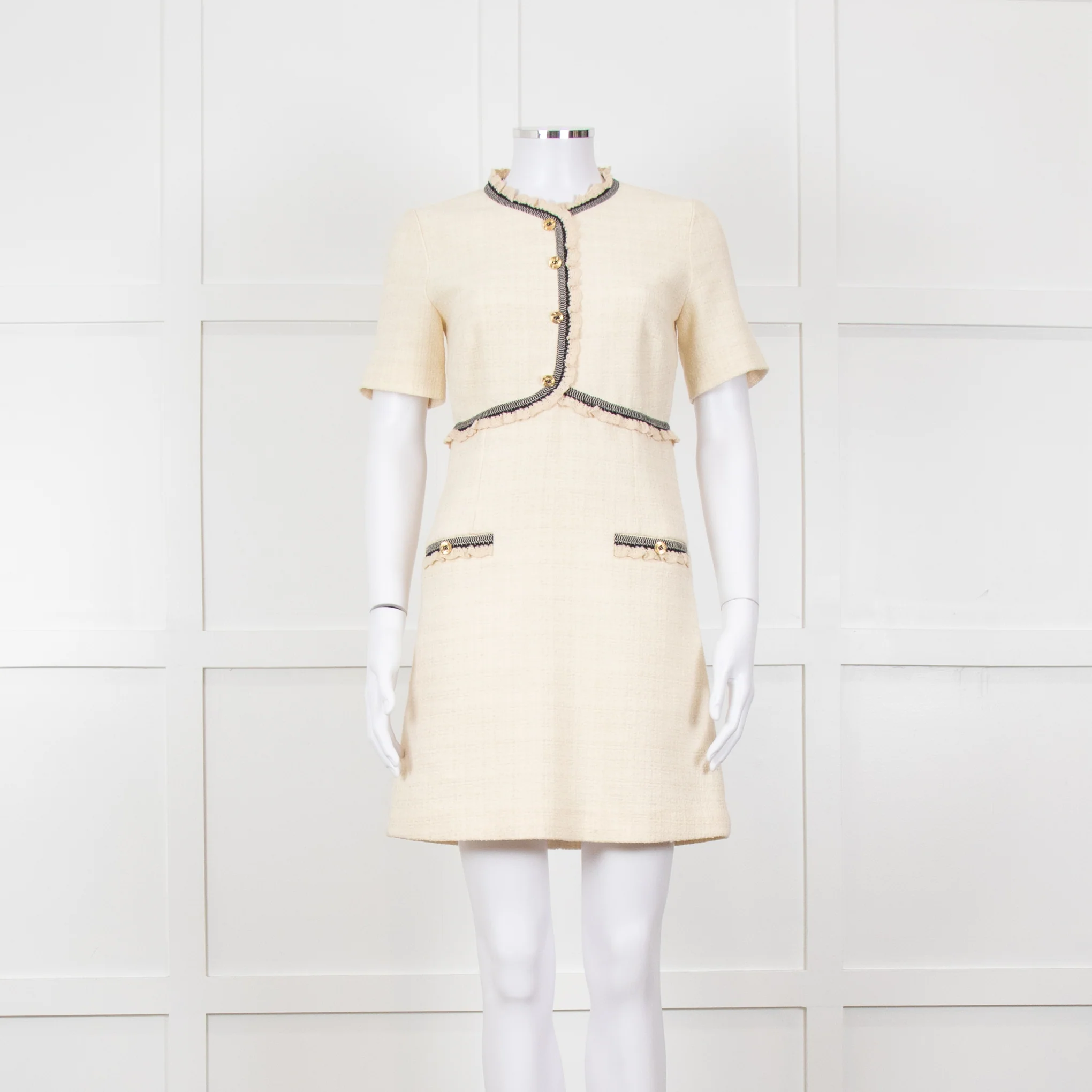 Sandro Cream Black Trim Short Sleeve Tweed Mini Dress