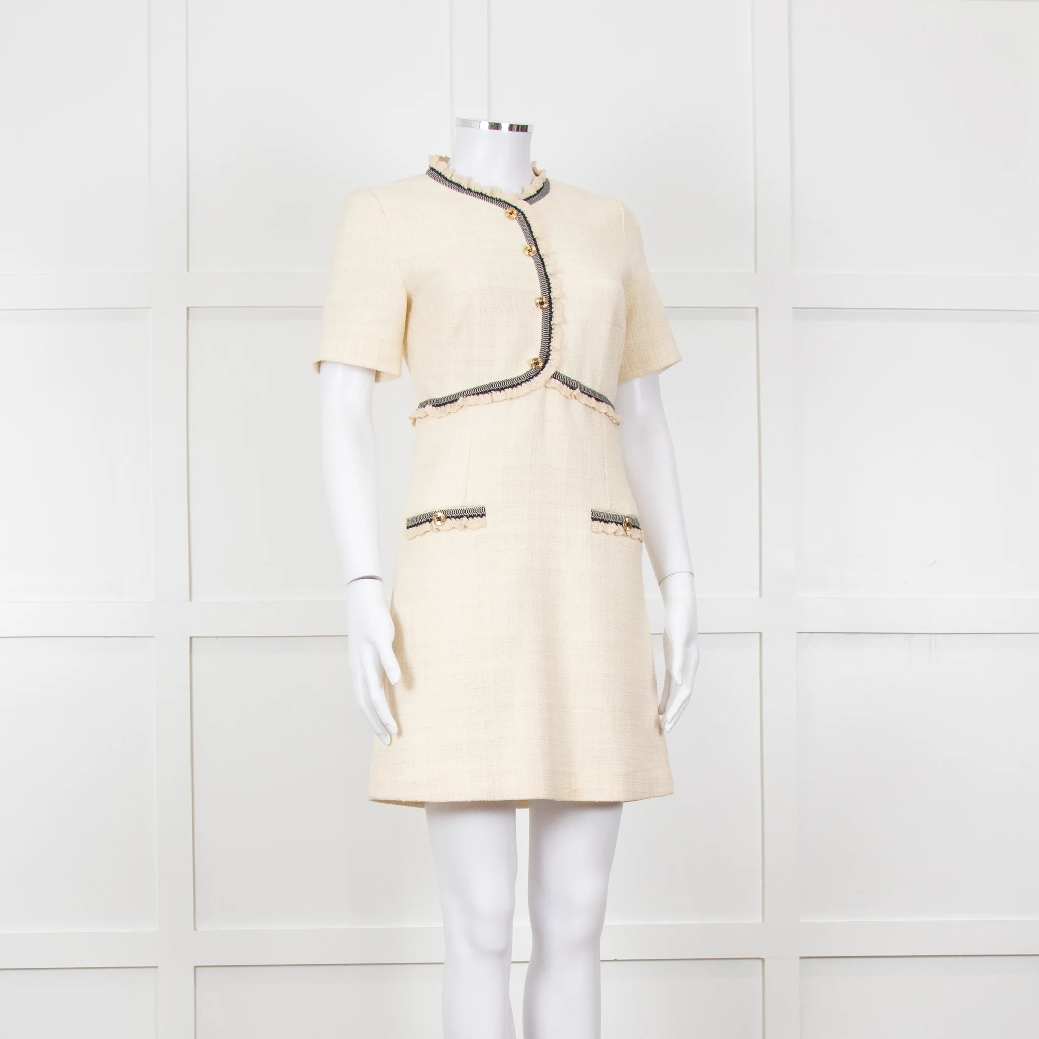 Sandro Cream Black Trim Short Sleeve Tweed Mini Dress - Image 8