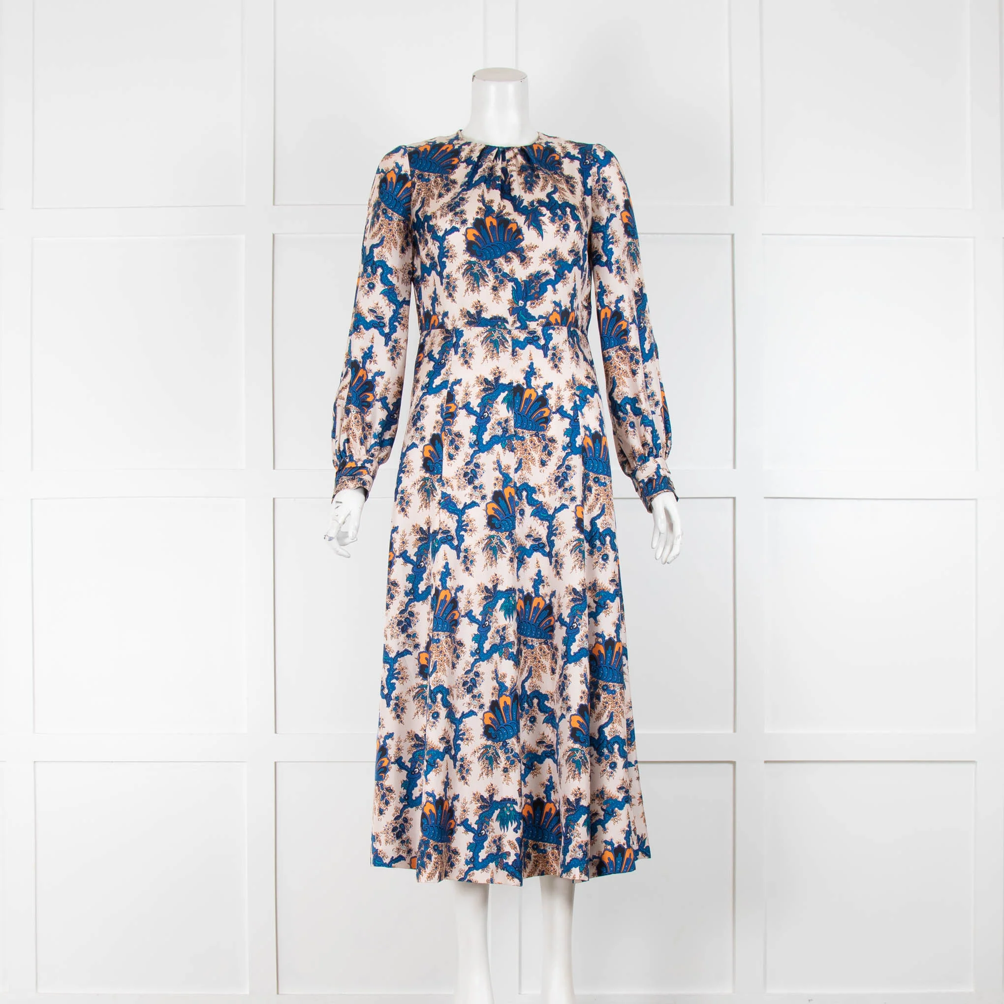 Sandro Cream Blue Orange Paisley Silk Midi Dress