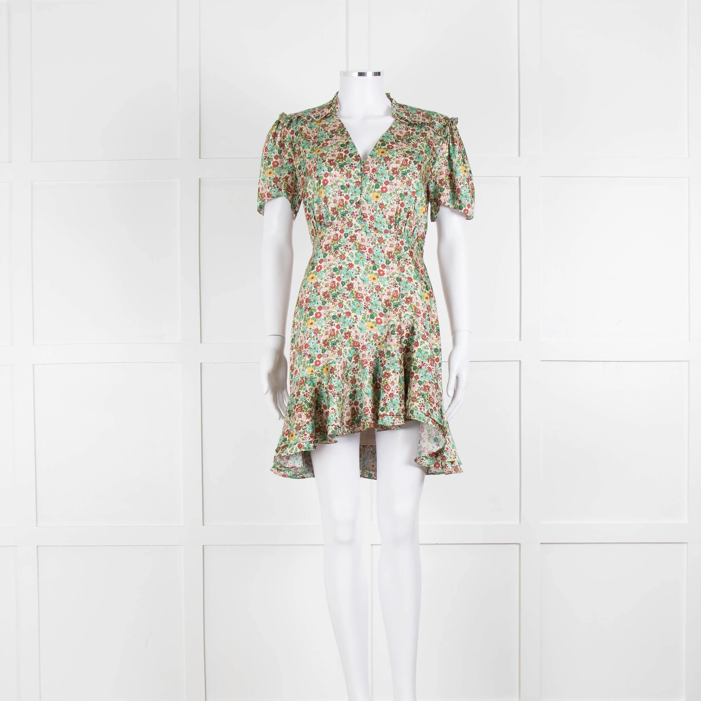 Sandro Cream Green Floral Frill Trim Short Dress