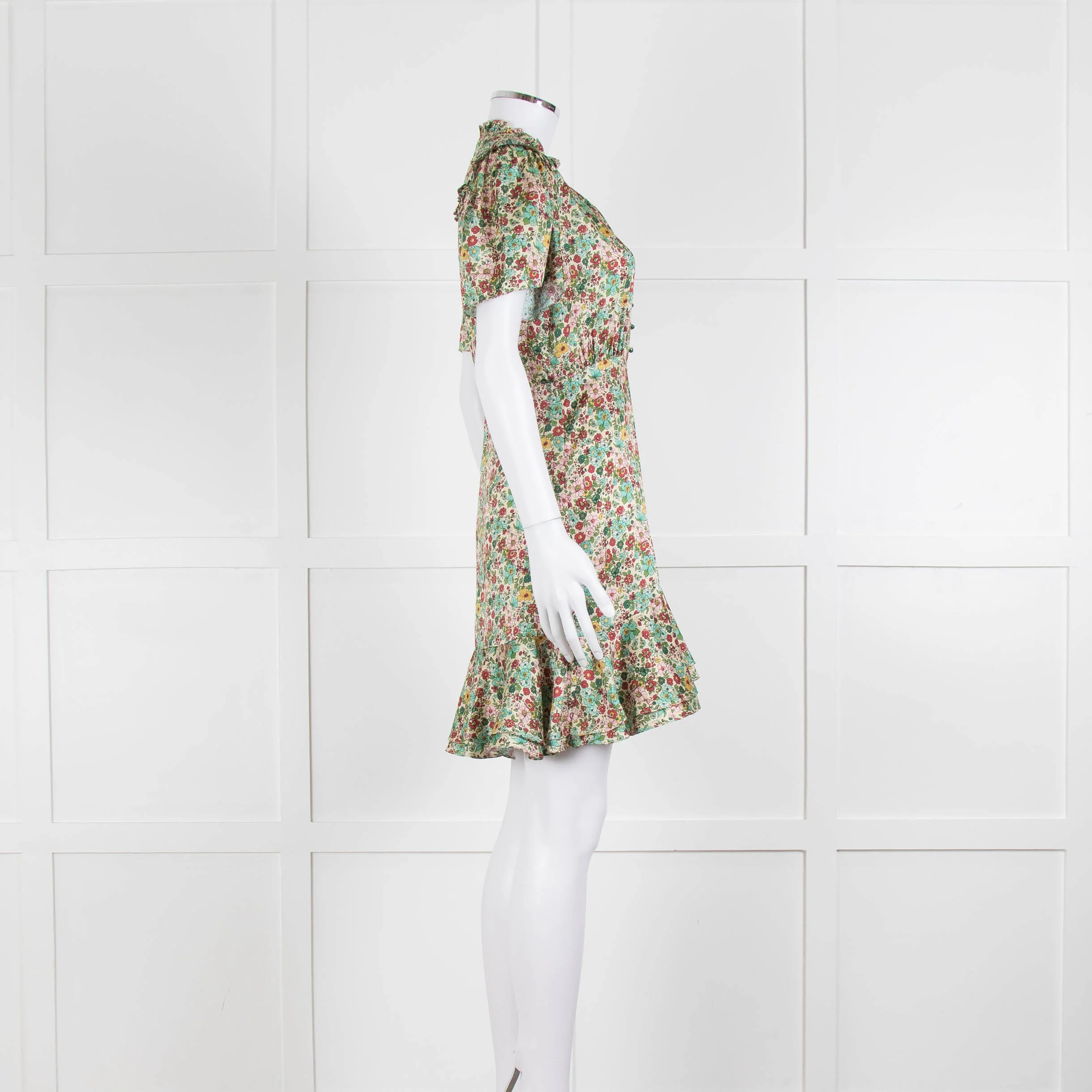 Sandro Cream Green Floral Frill Trim Short Dress - Image 3