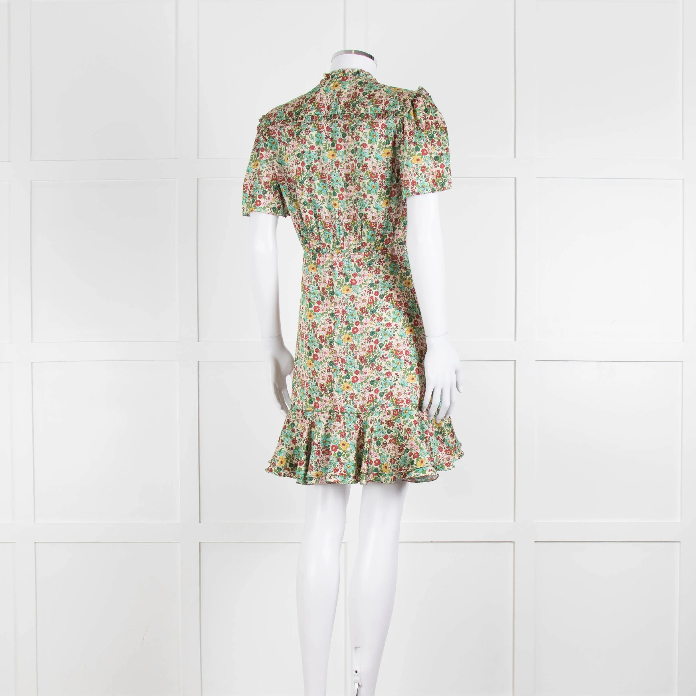 Sandro Cream Green Floral Frill Trim Short Dress - Image 4