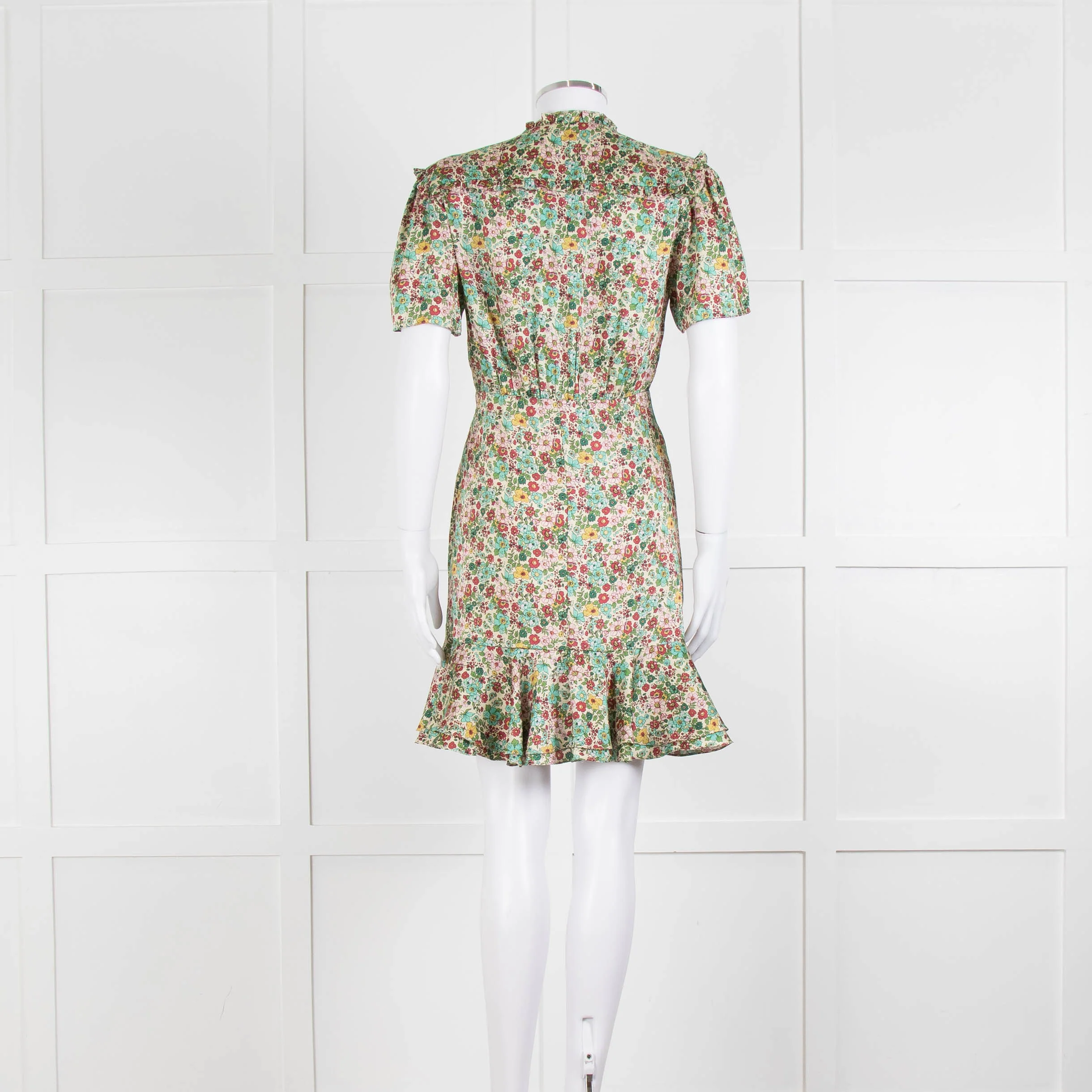 Sandro Cream Green Floral Frill Trim Short Dress - Image 5