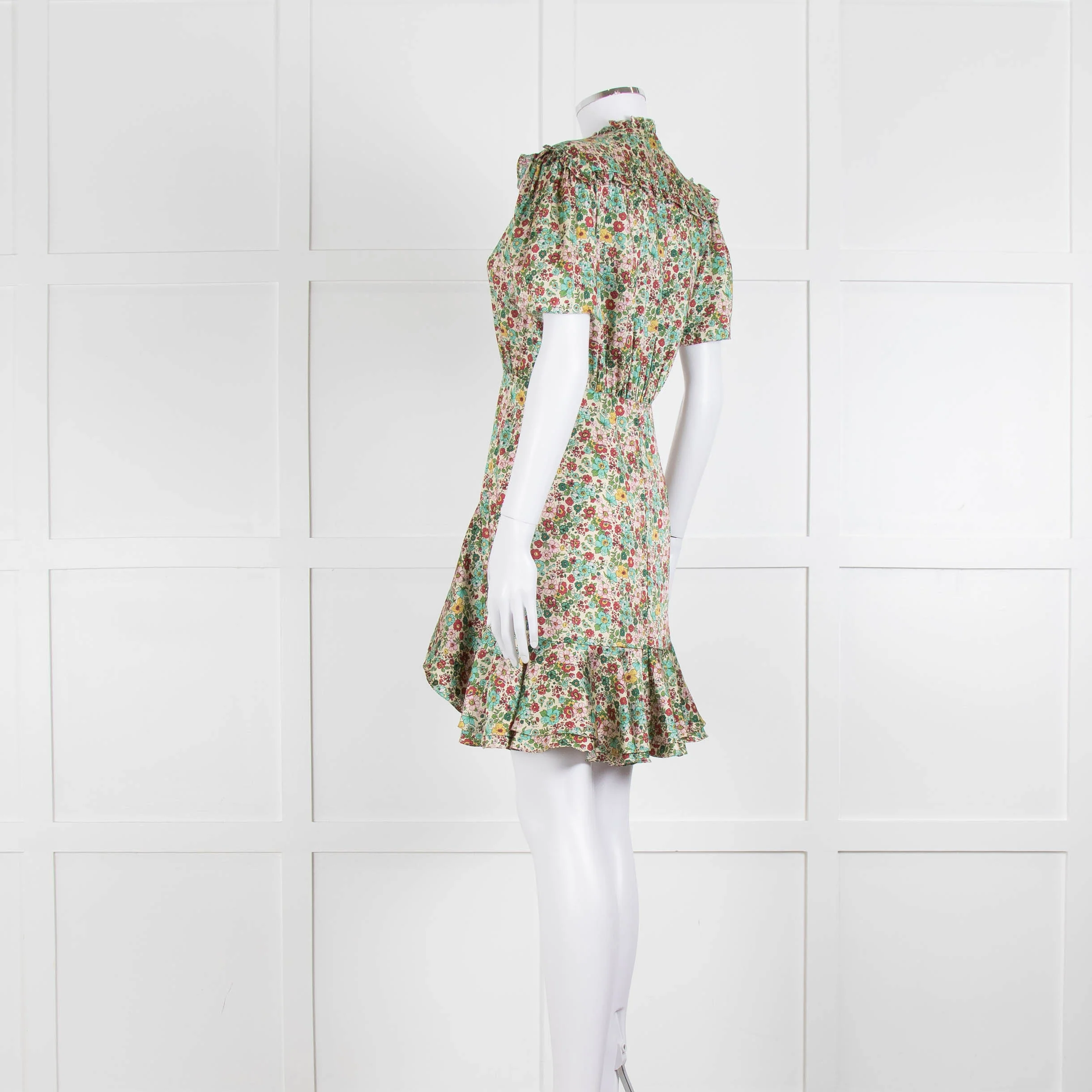 Sandro Cream Green Floral Frill Trim Short Dress - Image 6