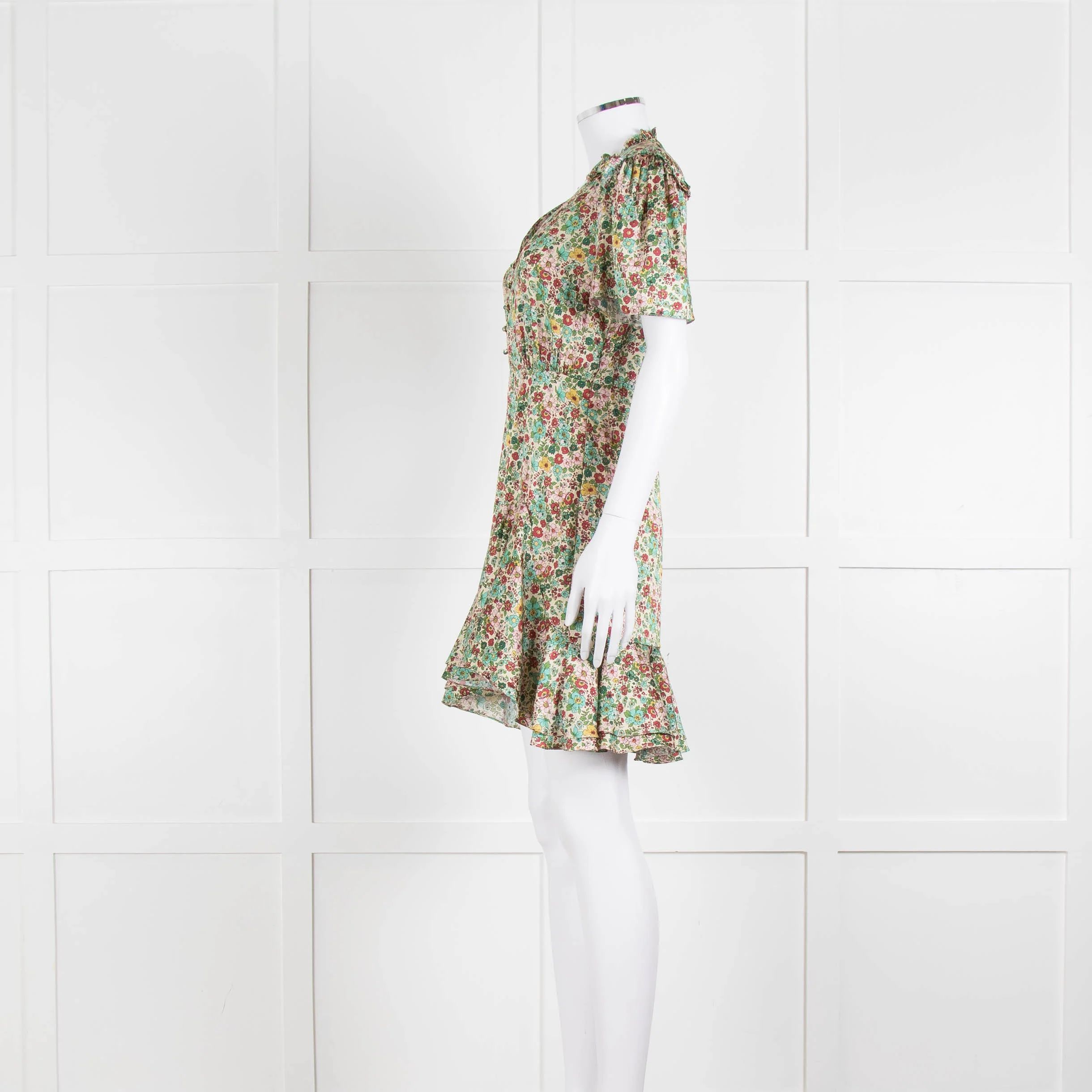 Sandro Cream Green Floral Frill Trim Short Dress - Image 7