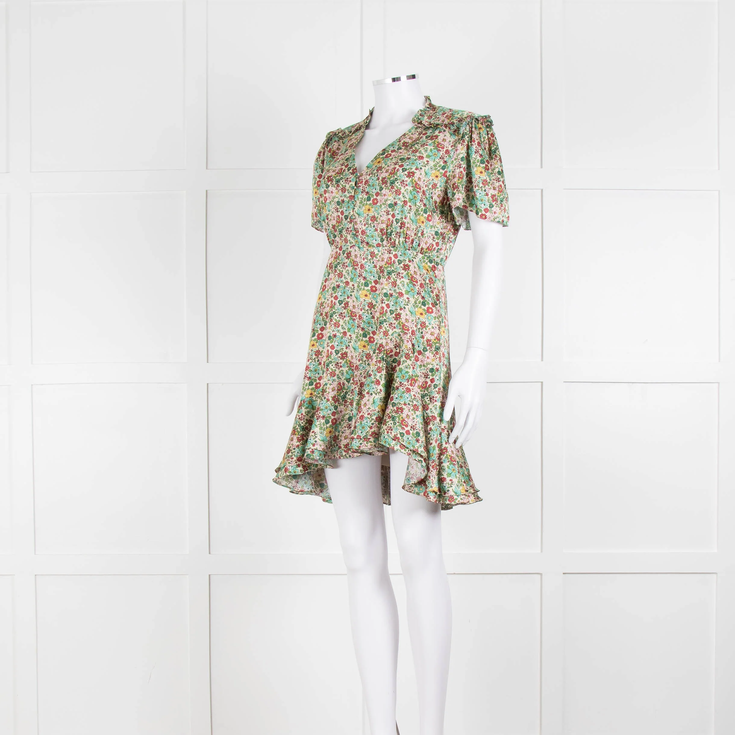 Sandro Cream Green Floral Frill Trim Short Dress - Image 8