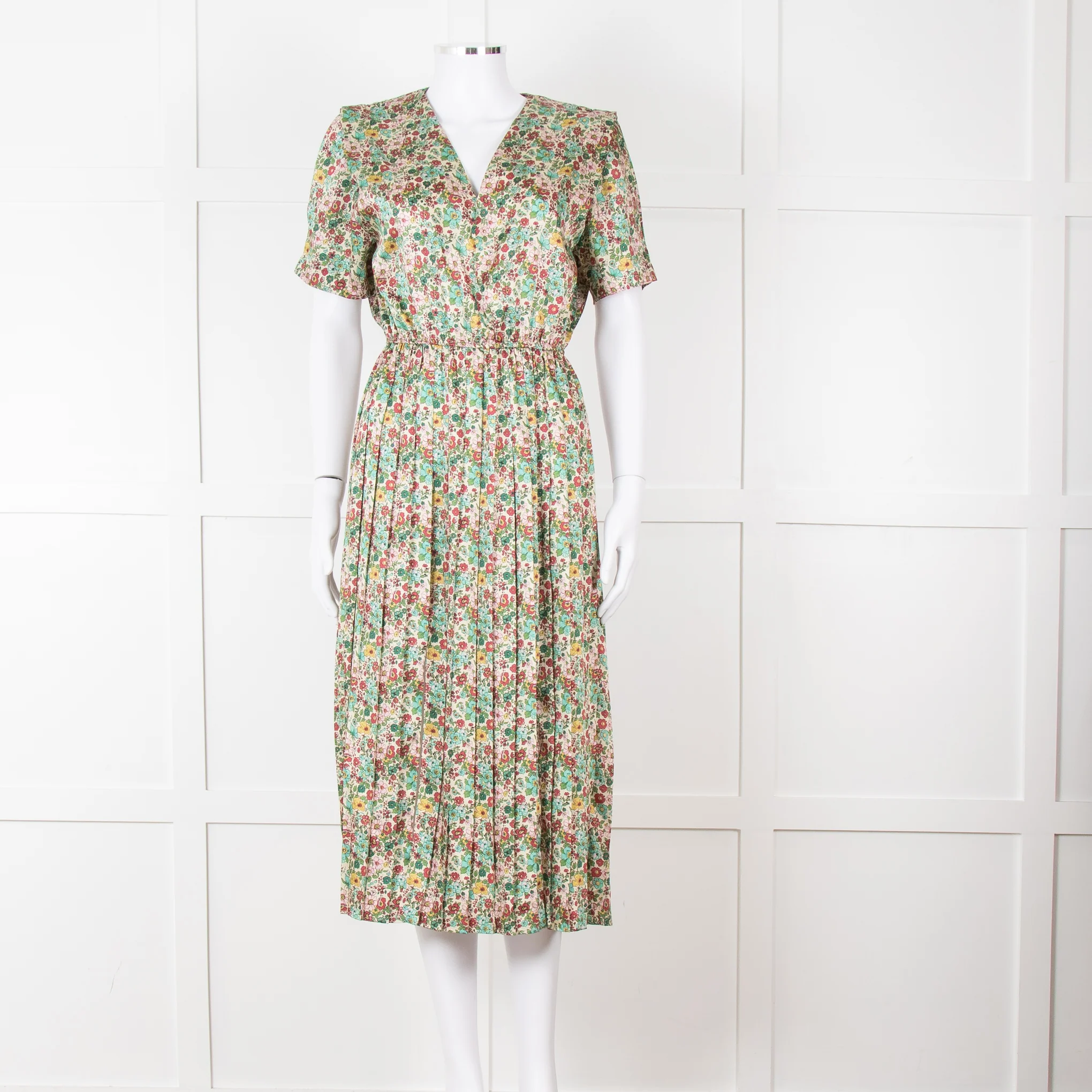Sandro Cream Green Red Floral V Neck Short Sleeve Dress
