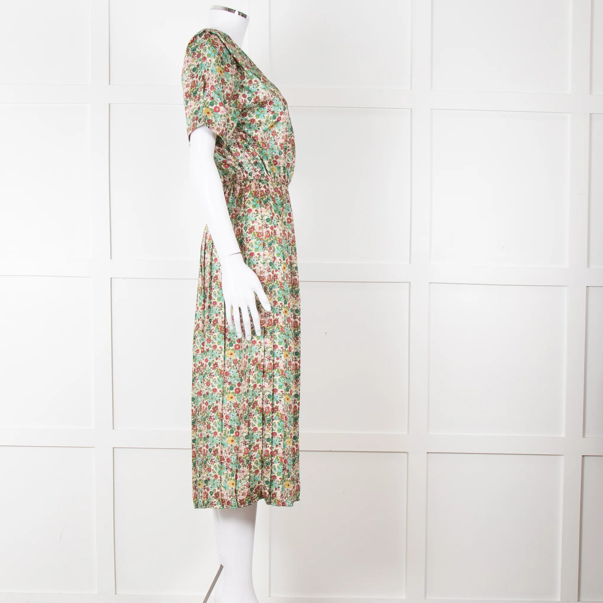 Sandro Cream Green Red Floral V Neck Short Sleeve Dress - Image 3