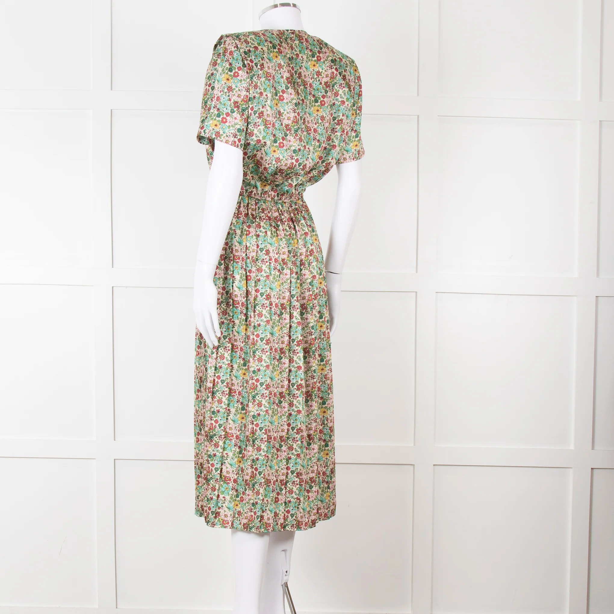 Sandro Cream Green Red Floral V Neck Short Sleeve Dress - Image 6