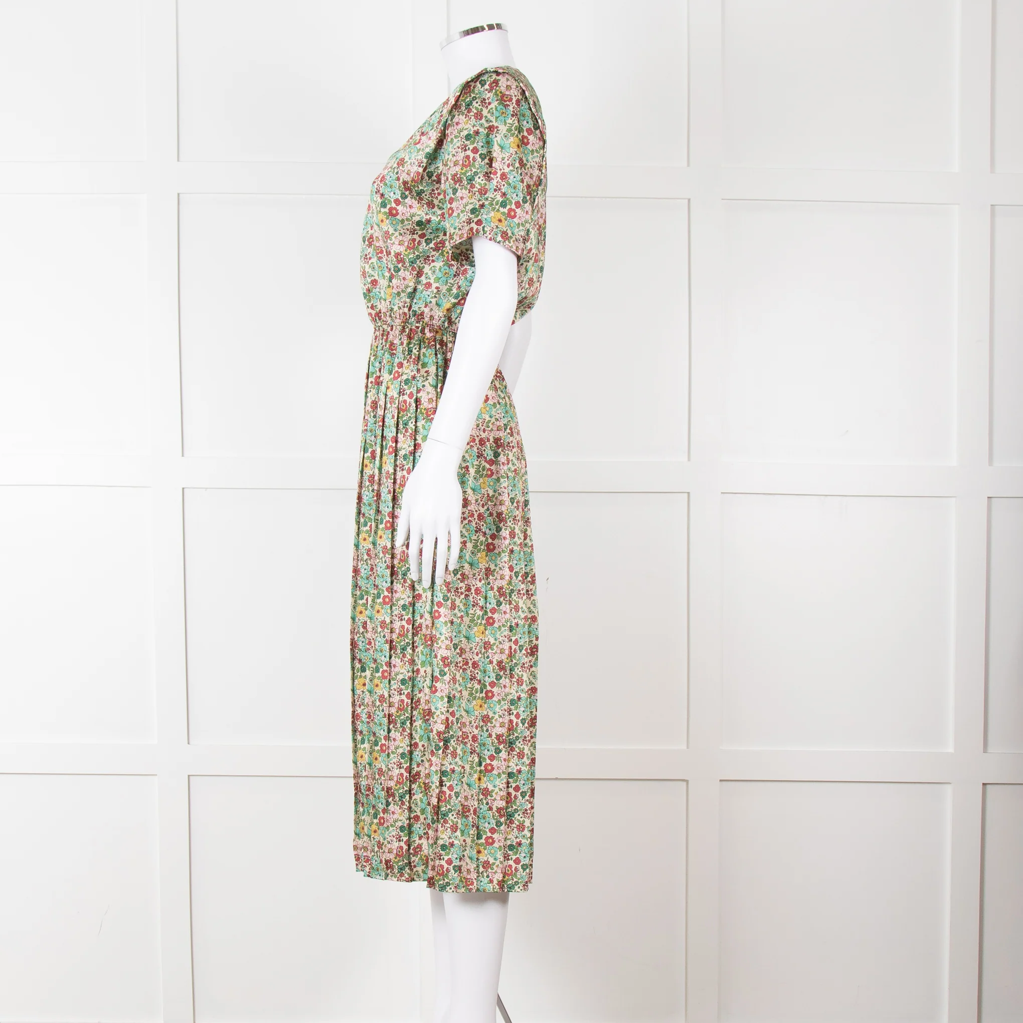 Sandro Cream Green Red Floral V Neck Short Sleeve Dress - Image 7